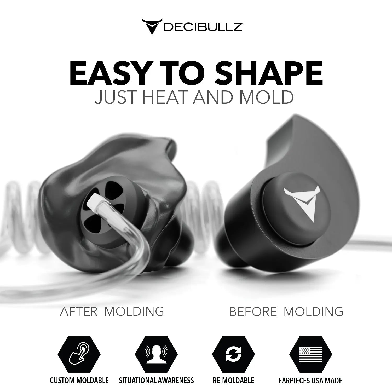 A promotional image for Decibullz +Awareness Custom Molded Two-Way Surveillance Acoustic Tube Headset (Motorola) features the text "Easy to Shape, Just Heat and Mold" at the top. Below are images of an earplug before and after molding. Icons highlight features: custom moldable, situational awareness, re-moldable, and USA-made—the ideal radio-communication solution for first responders.