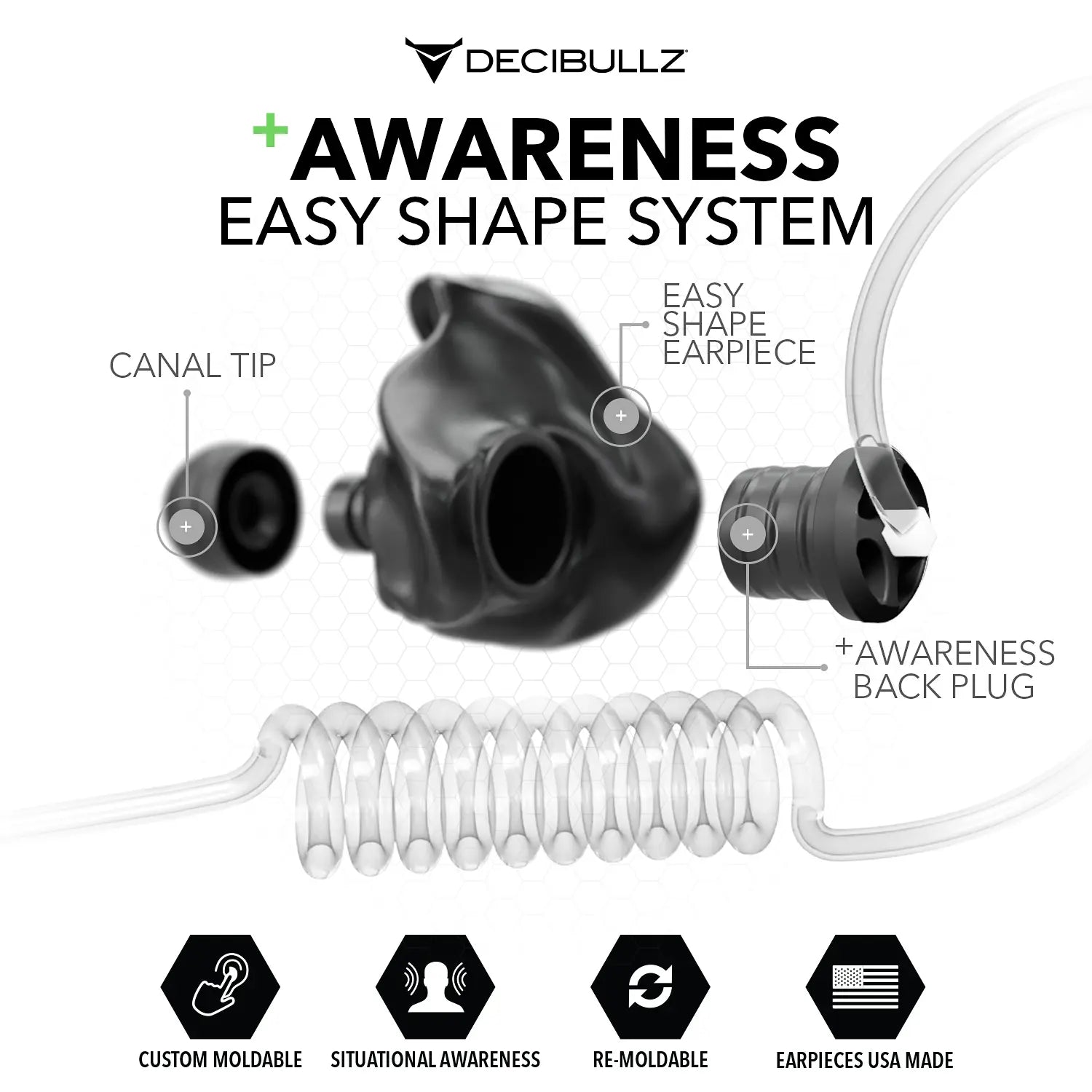 Diagram illustrating the Decibullz +Awareness Custom Molded Two-Way Surveillance Acoustic Tube Headset (Motorola), featuring a custom moldable earpiece, canal tip, and back plug. Icons highlight features like situational awareness and USA-made quality. Ideal for first responders seeking a custom moldable radio communication solution.