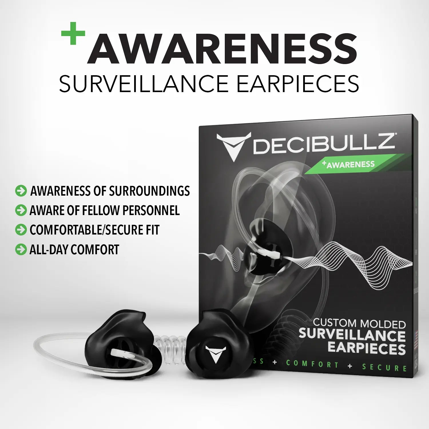A product image of Decibullz +Awareness Custom Molded Two-Way Surveillance Acoustic Tube Headset (Motorola) designed for first responders. The box displays the +Awareness feature. The earpieces and their translucent tubes are shown in front of the box. Bullet points mention awareness of surroundings, fellow personnel, and all-day comfort.