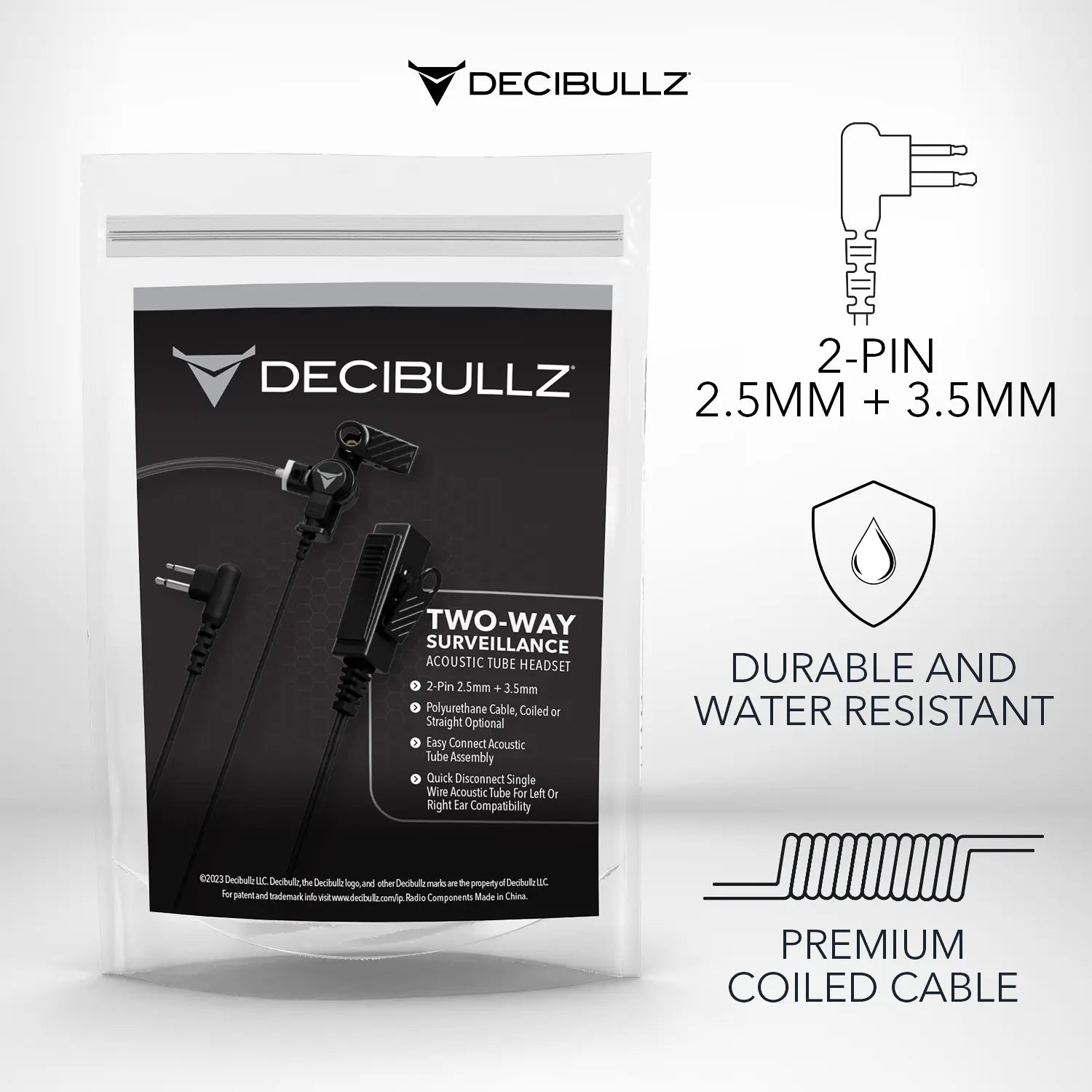 Product image of a Decibullz +Awareness Custom Molded Two-Way Surveillance Acoustic Tube Headset (Motorola), ideal for first responders. Features a white background, the headset's coiled cable, and a 2-pin 2.5mm and 3.5mm connector. Text highlights features: durable, water-resistant and premium coiled cable.