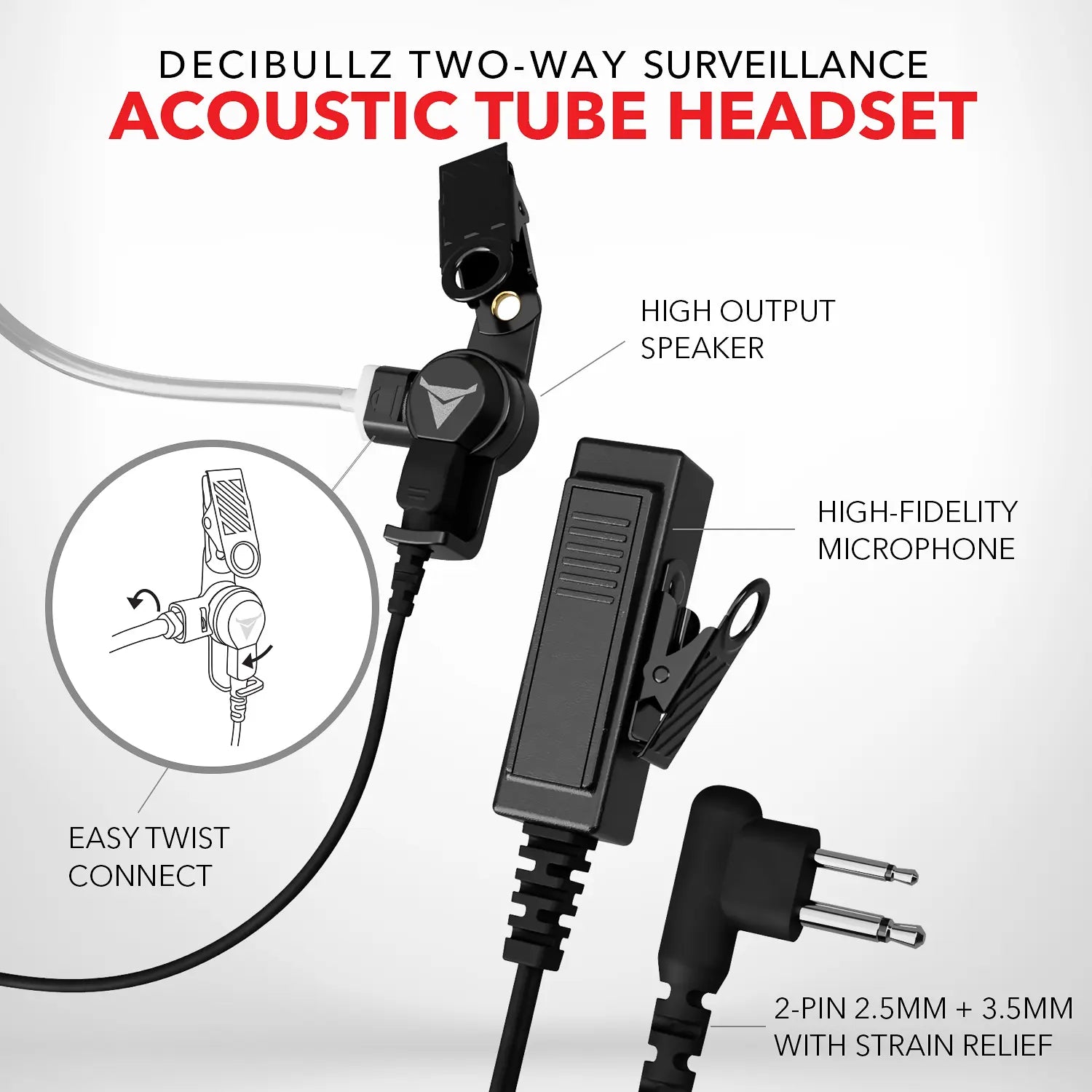 A promotional image for the Decibullz +Isolation Custom Molded Two-Way Surveillance Acoustic Tube Headset (Motorola) showcasing features like a high output speaker, high-fidelity microphone, noise reduction, easy twist connect, and a 2-pin 2.5mm and 3.5mm plug with strain relief.
