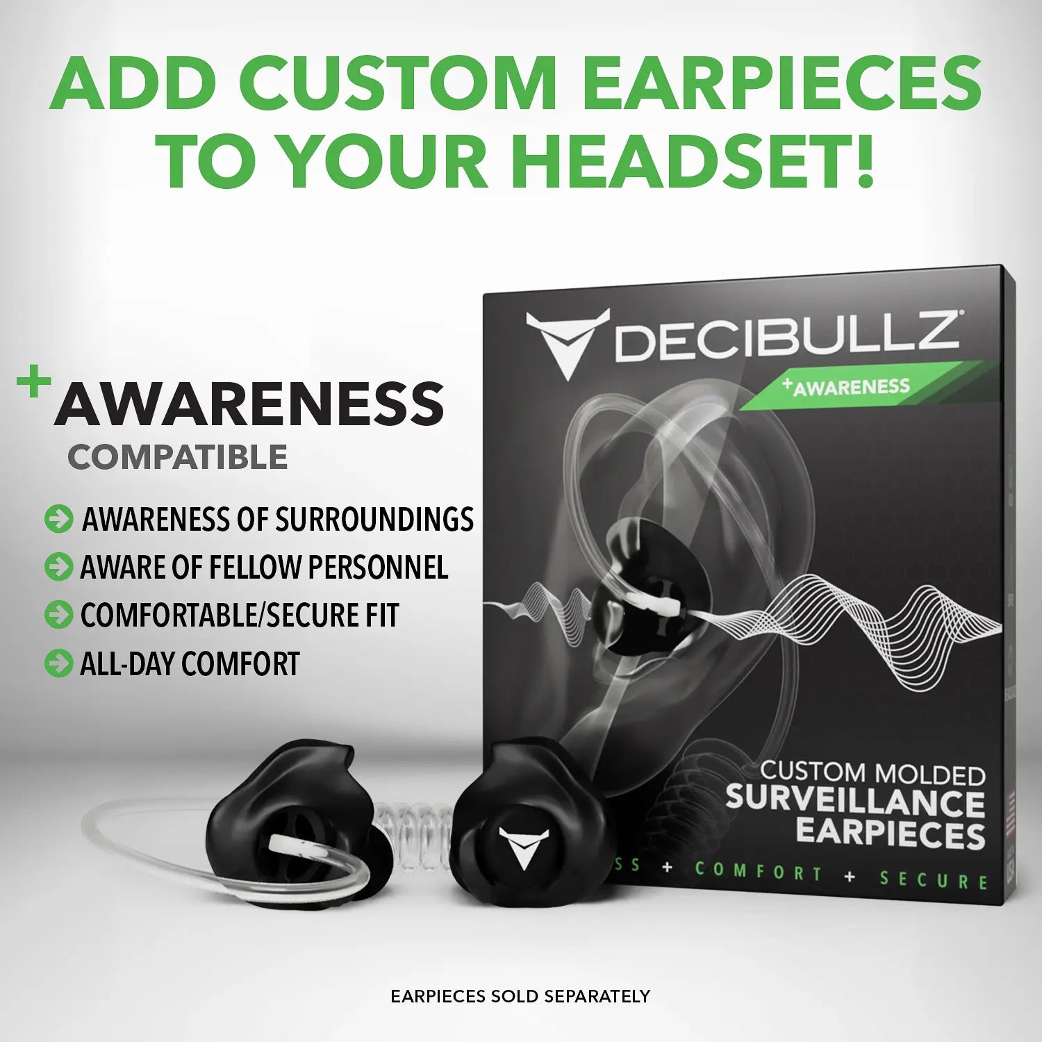 Promotional image for Decibullz Two-Way Surveillance Acoustic Tube Headset (Motorola). The image features the earpiece product packaging and two black earpieces with clear tubing, showcasing advanced acoustic tube technology. Text highlights features such as Motorola M1 compatibility, awareness of surroundings, secure fit, and all-day comfort.