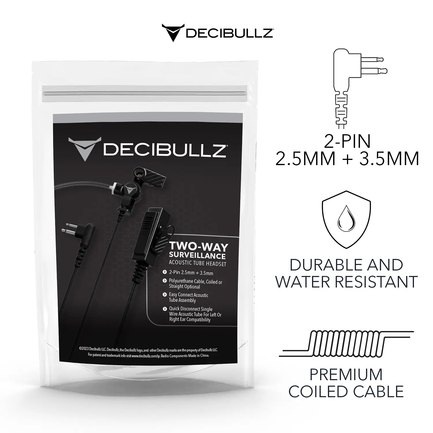 Image of Decibullz Two-Way Surveillance Acoustic Tube Headset (Motorola) product packaging. The package shows the headset with features listed: 2-PIN 2.5mm + 3.5mm, durable and water-resistant, and premium coiled cable. Designed for Motorola M1 compatibility, the Decibullz logo is at the top.
