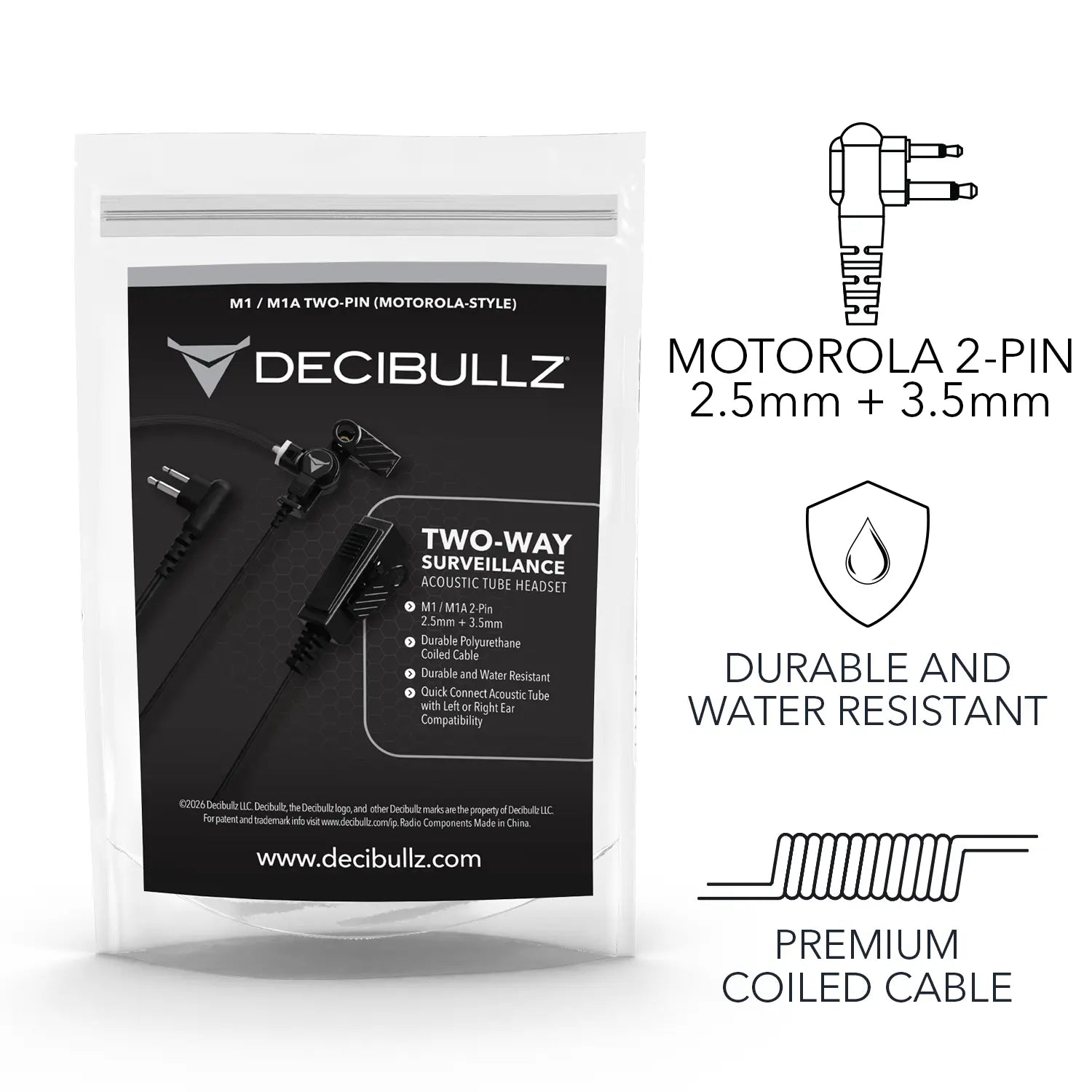 Image of Decibullz Two-Way Surveillance Acoustic Tube Headset (Motorola) product packaging. The package shows the headset with features listed: 2-PIN 2.5mm + 3.5mm, durable and water-resistant, and premium coiled cable. Designed for Motorola M1 compatibility, the Decibullz logo is at the top.