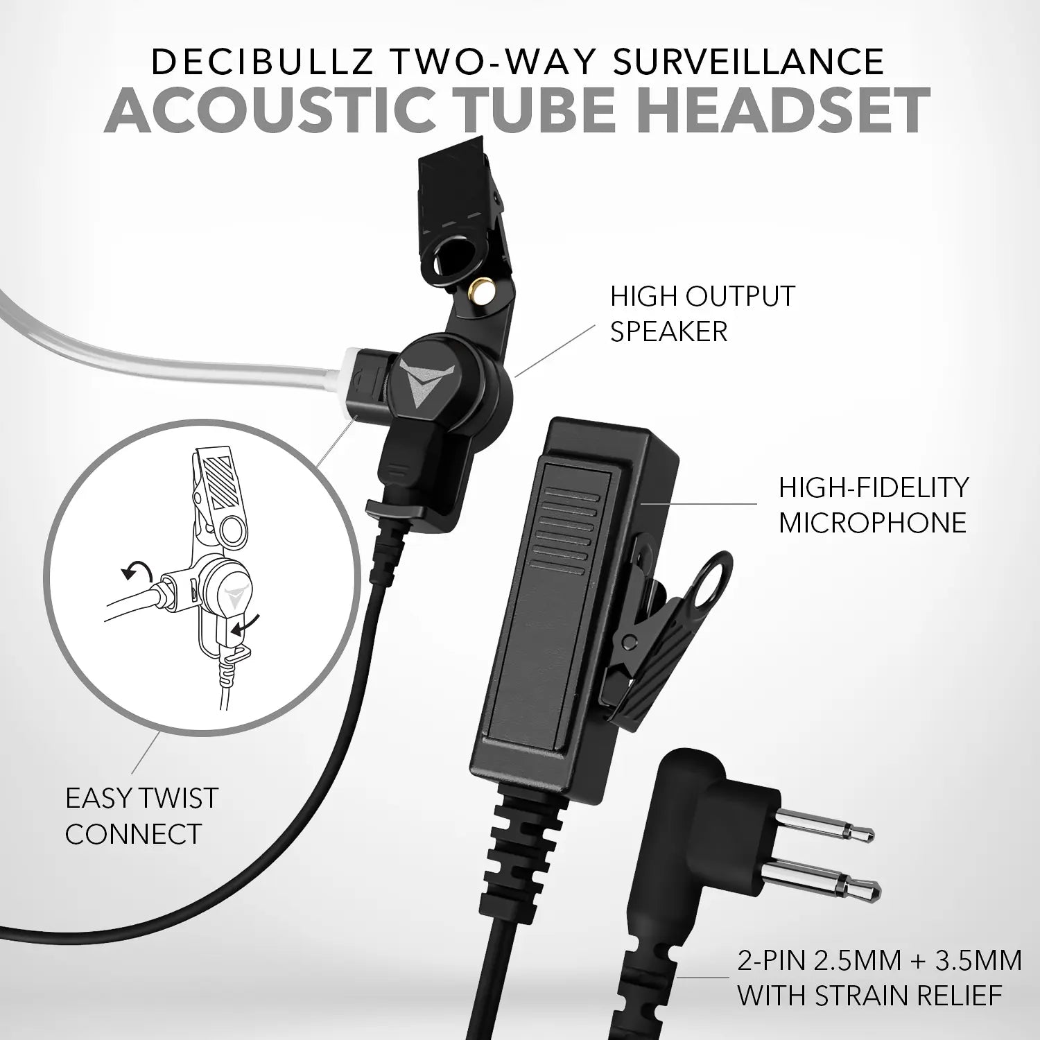 A technical diagram of the Two-Way Surveillance Acoustic Tube Headset (Motorola) by Decibullz showcases its features, including a high-output speaker, easy twist connect mechanism, high-fidelity microphone, and a 2-pin 2.5mm + 3.5mm plug with strain relief. It's Motorola M1 compatible and employs advanced acoustic tube technology.