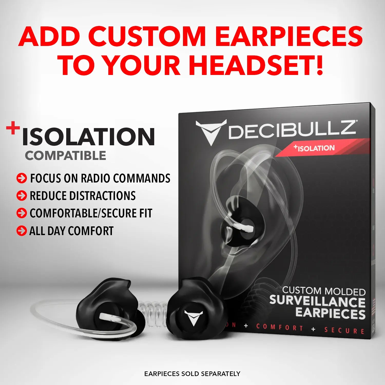Promotional image for Decibullz Two-Way Surveillance Acoustic Tube Headset (Motorola). Text highlights features such as focus on radio commands, reduced distractions, comfortable and secure fit, and all-day comfort. "Add custom earpieces to your Motorola M1 compatible headset!" is emphasized.