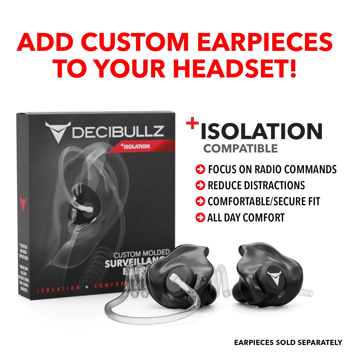 Promotional image for Decibullz Two-Way Surveillance Acoustic Tube Headset (Motorola). Text highlights features such as focus on radio commands, reduced distractions, comfortable and secure fit, and all-day comfort. "Add custom earpieces to your Motorola M1 compatible headset!" is emphasized.