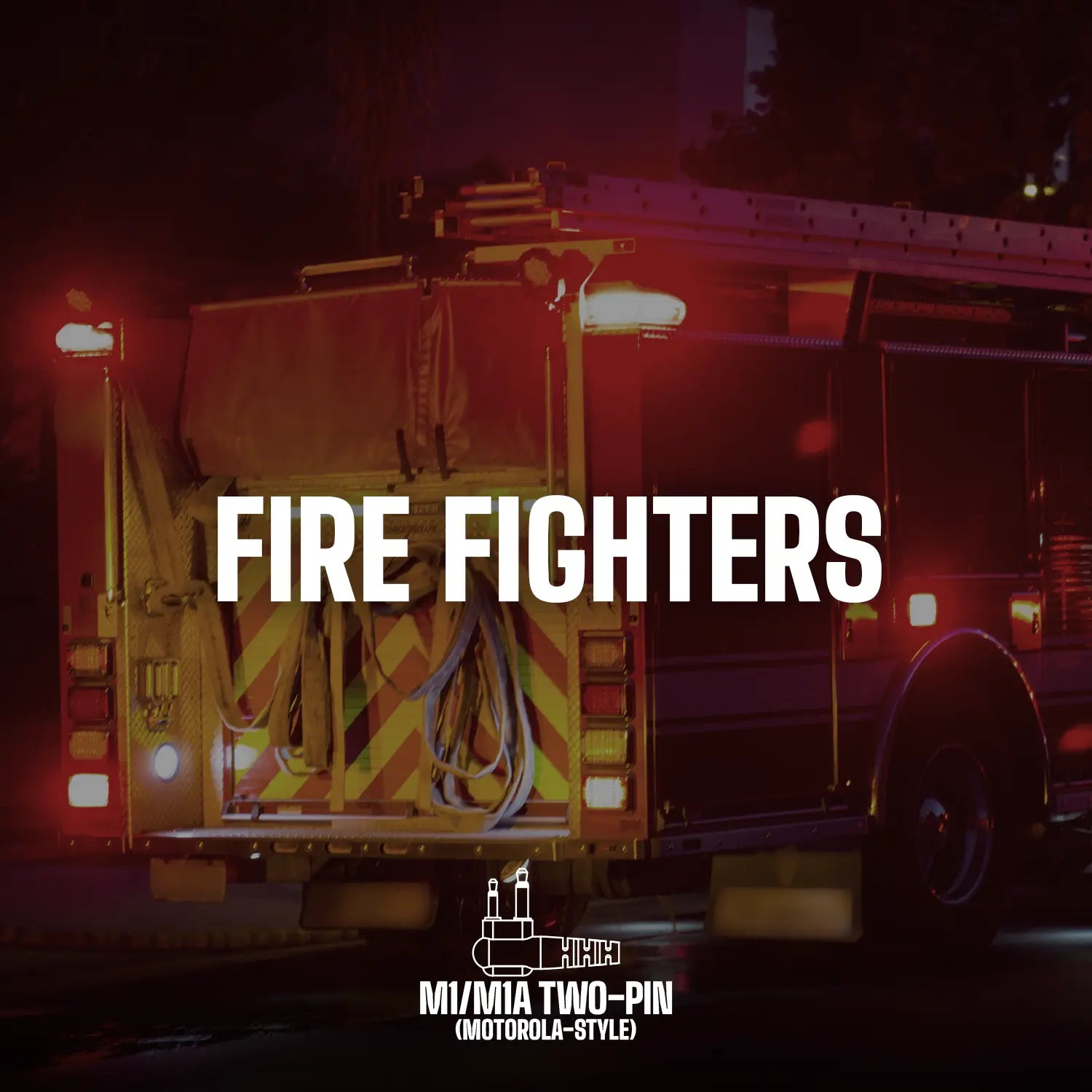 A fire truck with rear lights illuminated is shown at night. The text "DECIBULLZ FIRE FIGHTERS" is overlaid on the image. The fire truck, equipped with hoses and gear, promotes the Two-Way Surveillance Acoustic Tube Headset (Motorola), ensuring clear communication in critical moments.