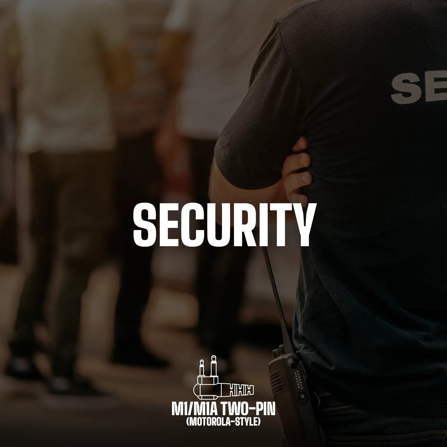 A person wearing a black T-shirt with "SECURITY" written on it is standing with their hand on their hip, carrying a portable radio. They're using an advanced acoustic tube technology headset, likely a Two-Way Surveillance Acoustic Tube Headset (Motorola) by Decibullz. Several people are visible in the blurred background. The word "DECIBULLZ" and a logo are displayed at the center of the