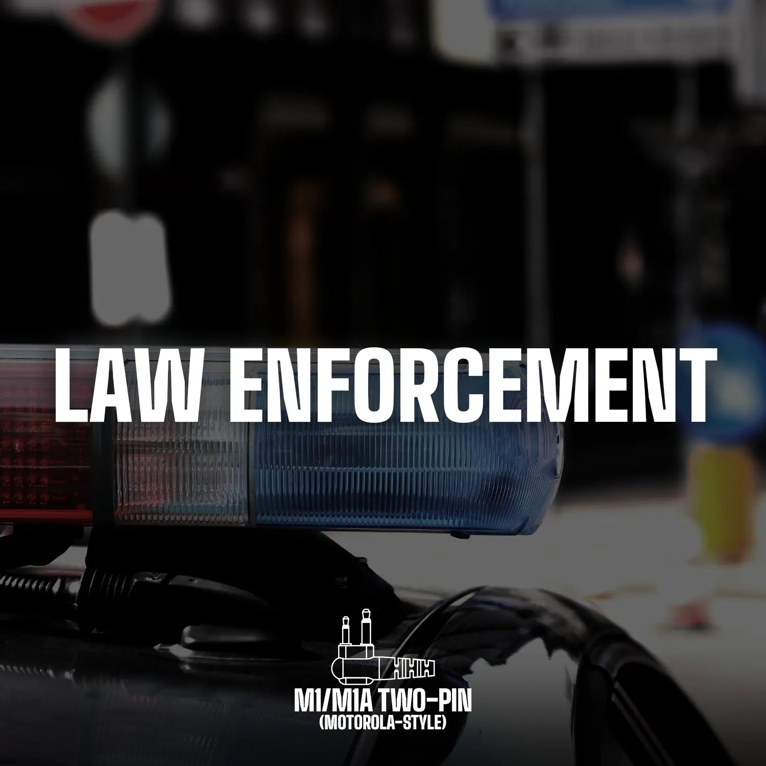 A black and white image with a red and blue siren light on top of a police car in the lower part. The text "DECIBULLZ LAW ENFORCEMENT" is prominently displayed in the center. Featuring Decibullz Two-Way Surveillance Acoustic Tube Headset (Motorola) with advanced acoustic tube technology for Motorola M1 compatibility.