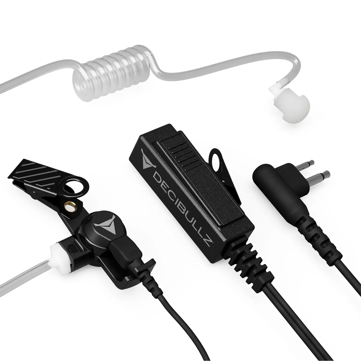 This image showcases the Decibullz Two-Way Surveillance Acoustic Tube Headset (Motorola) with an attached coiled acoustic tube, clip, and two different connectors. The black-and-gray accessories use advanced acoustic tube technology. The Decibullz logo is visible on the main part of the device, making it perfect for a two-way surveillance headset setup.