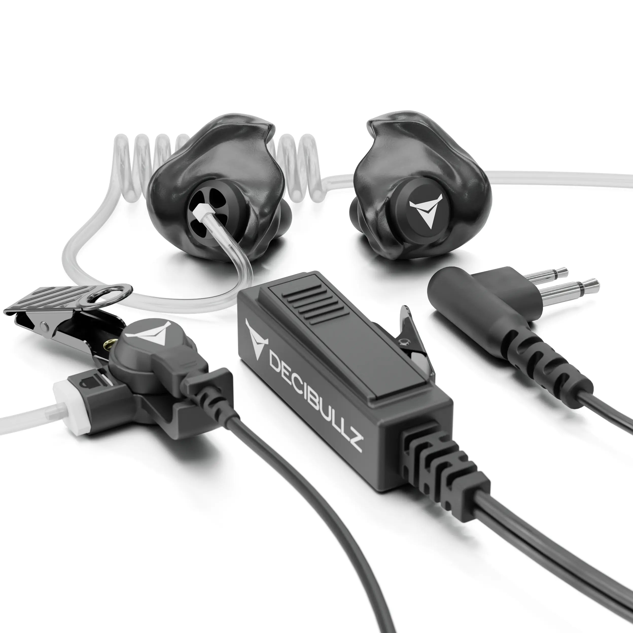 A set of customized black and transparent earplugs with an electronic control unit labeled "Decibullz," featuring various attachment accessories, cables, and connectors. These +Awareness Custom Molded Two-Way Surveillance Acoustic Tube Headset (Motorola) have a distinctive ergonomic shape with the Decibullz logo, ideal for first responders seeking an efficient radio-communication solution.