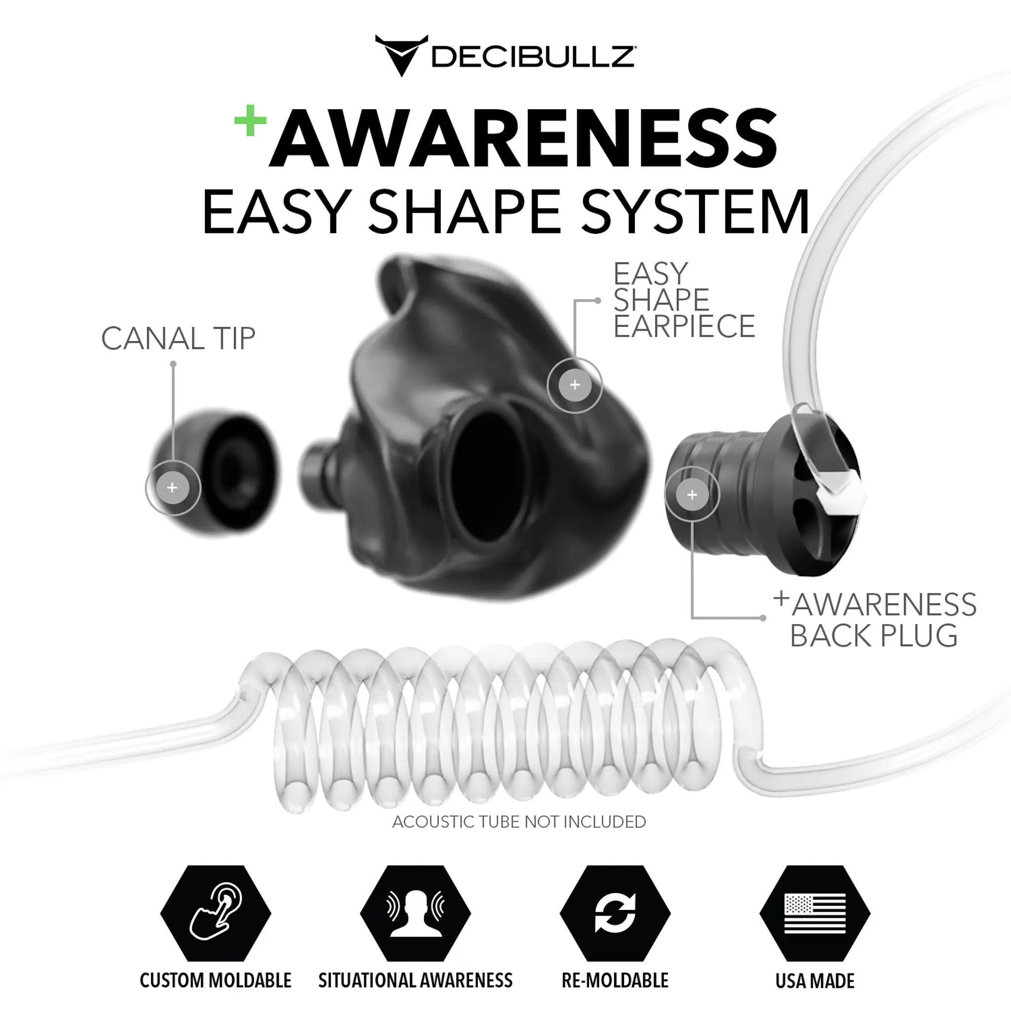 Promotional image for Decibullz Custom Moldable Surveillance Radio Headset Earpieces with Awareness. Shows a custom moldable earpiece with a canal tip and an awareness back plug. An acoustic tube is depicted but not included. Features include custom moldable, situational awareness, re-moldable, and USA made.