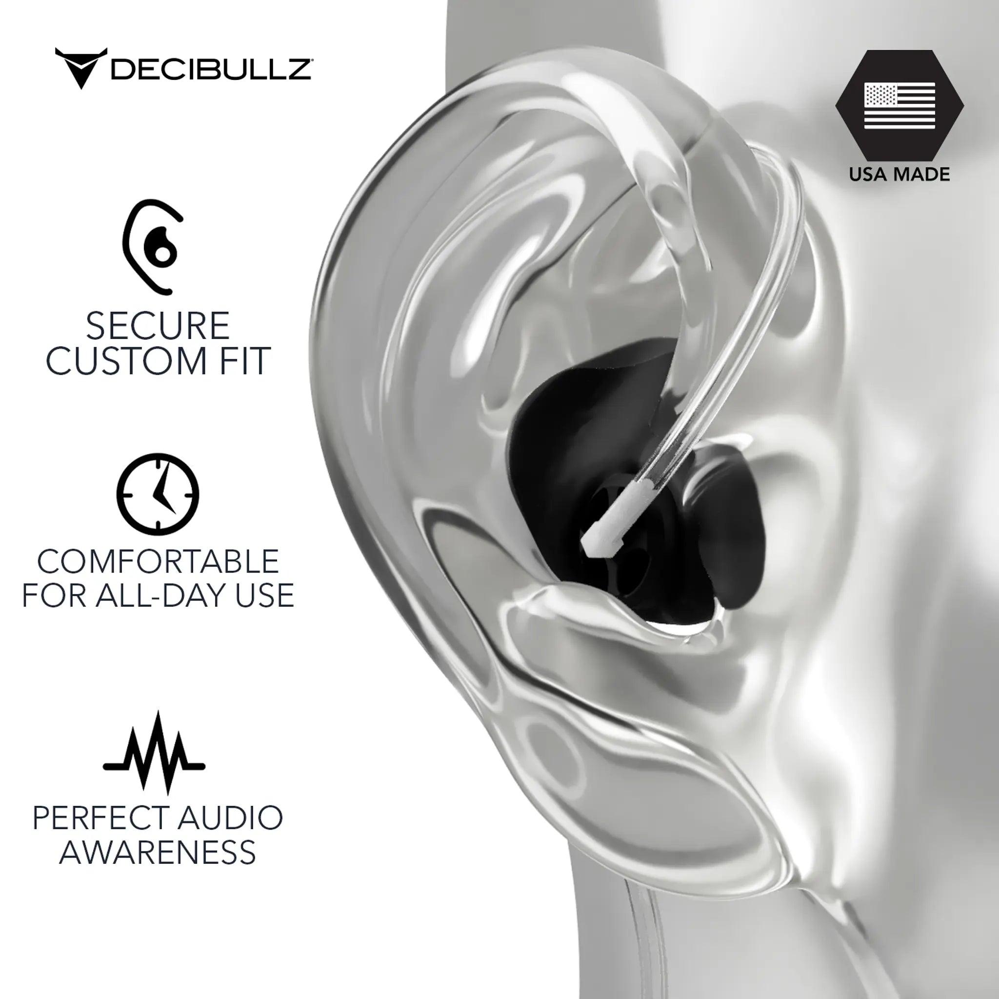 A close-up of a transparent mannequin's ear showing a black Decibullz Custom Moldable Surveillance Radio Headset Earpiece with Awareness inserted. Text on the left reads, “Secure Custom Fit,” “Comfortable for All-Day Use,” and “Perfect Situational Awareness.” Top right features the Decibullz logo and a “USA Made” label with a flag icon.