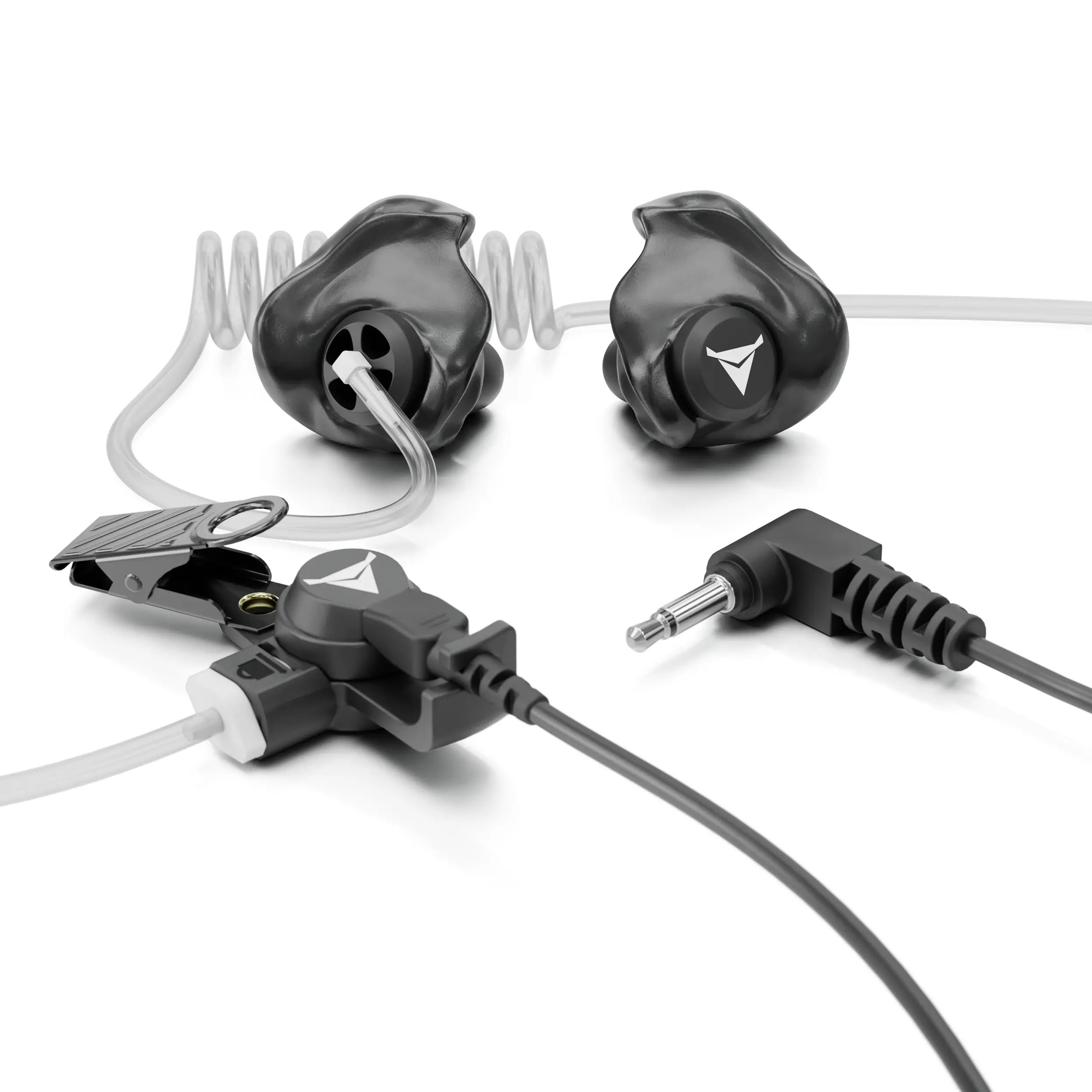 A pair of black in-ear monitors with coiled cables and clear tubing are displayed. The monitors, ideal for first responders, have a distinct shape with a logo featuring a triangle icon. There's a clip attached to the cable and a 3.5mm audio jack, resembling the +Awareness Custom Molded Listen-Only Surveillance Acoustic Tube Headset by Decibullz.