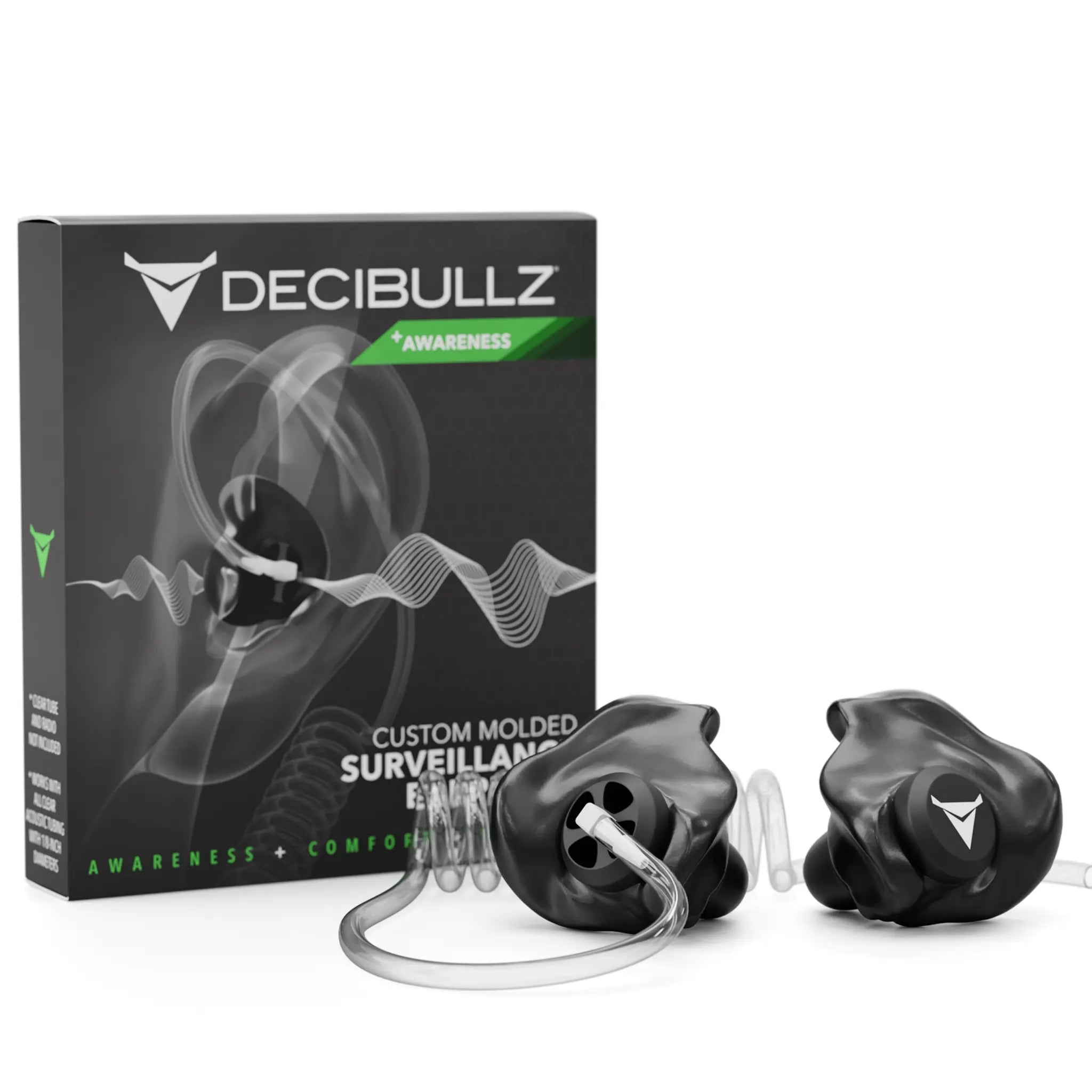 A product image of Decibullz Custom Moldable Surveillance Radio Headset Earpieces with Awareness. The black, custom moldable earpieces are positioned in the foreground, with the packaging box visible in the background. The box features the Decibullz logo and emphasizes "Awareness + Comfort.