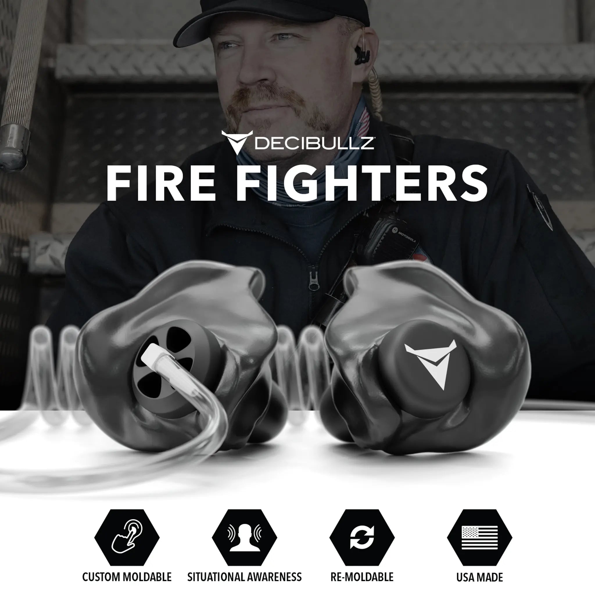 Promotional image for Decibullz Custom Moldable Surveillance Radio Headset Earpieces with Awareness. The background shows a person in uniform with a focused look, while the foreground displays the custom moldable earpieces and their labeled features: custom moldable, situational awareness, re-moldable, and USA made.