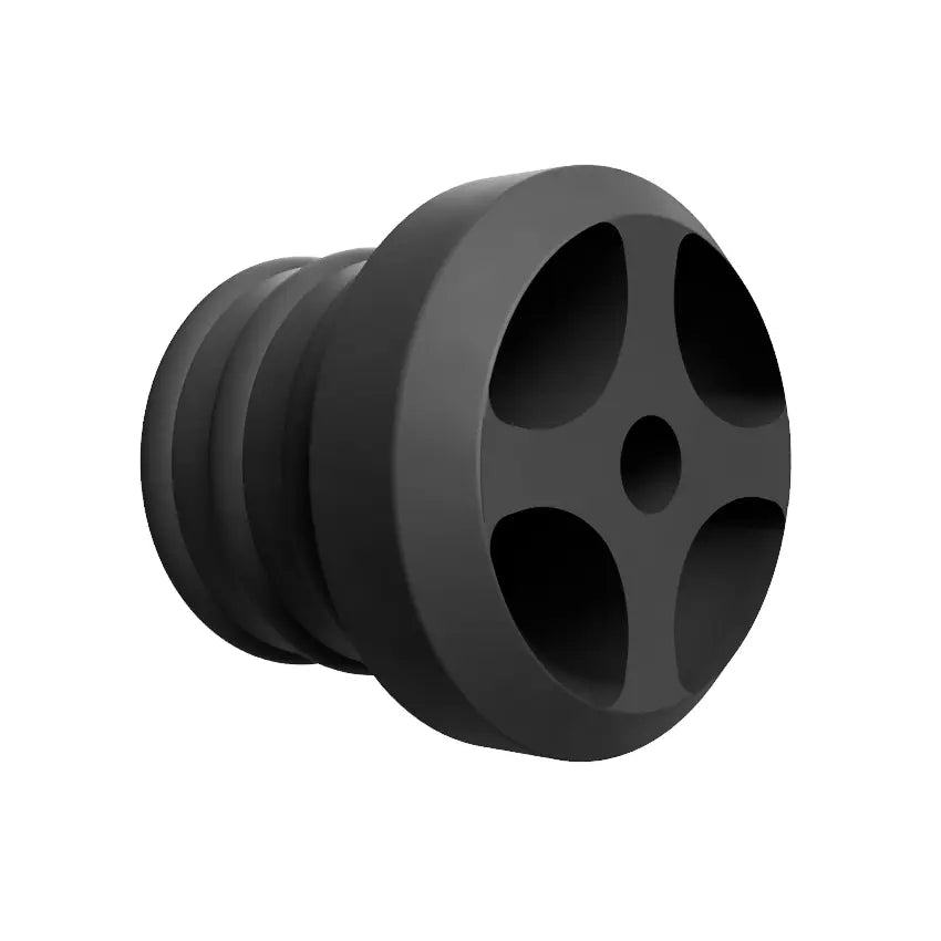 A REPLACEMENT Single +Awareness Radio Adapter Back Plug with a cylindrical body and four holes in a symmetrical pattern on the top surface, similar to Decibullz Custom Molded Surveillance Earpieces. The adapter features three horizontal ridges along its body for securing it in place.