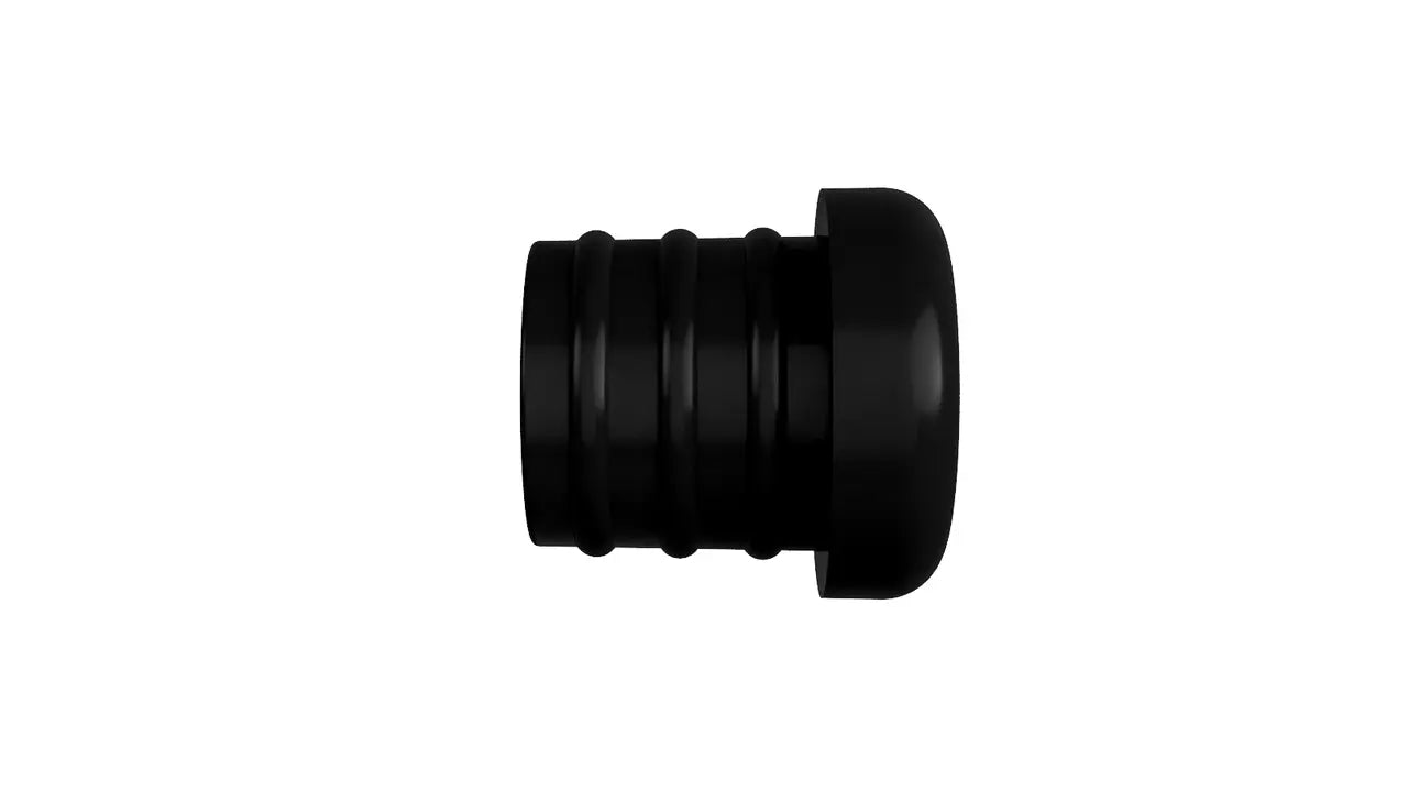 A black, cylindrical rubber stopper with three grooves and a domed end, placed against a white background, ideal as a replacement part: Decibullz REPLACEMENT Single Back Plug.