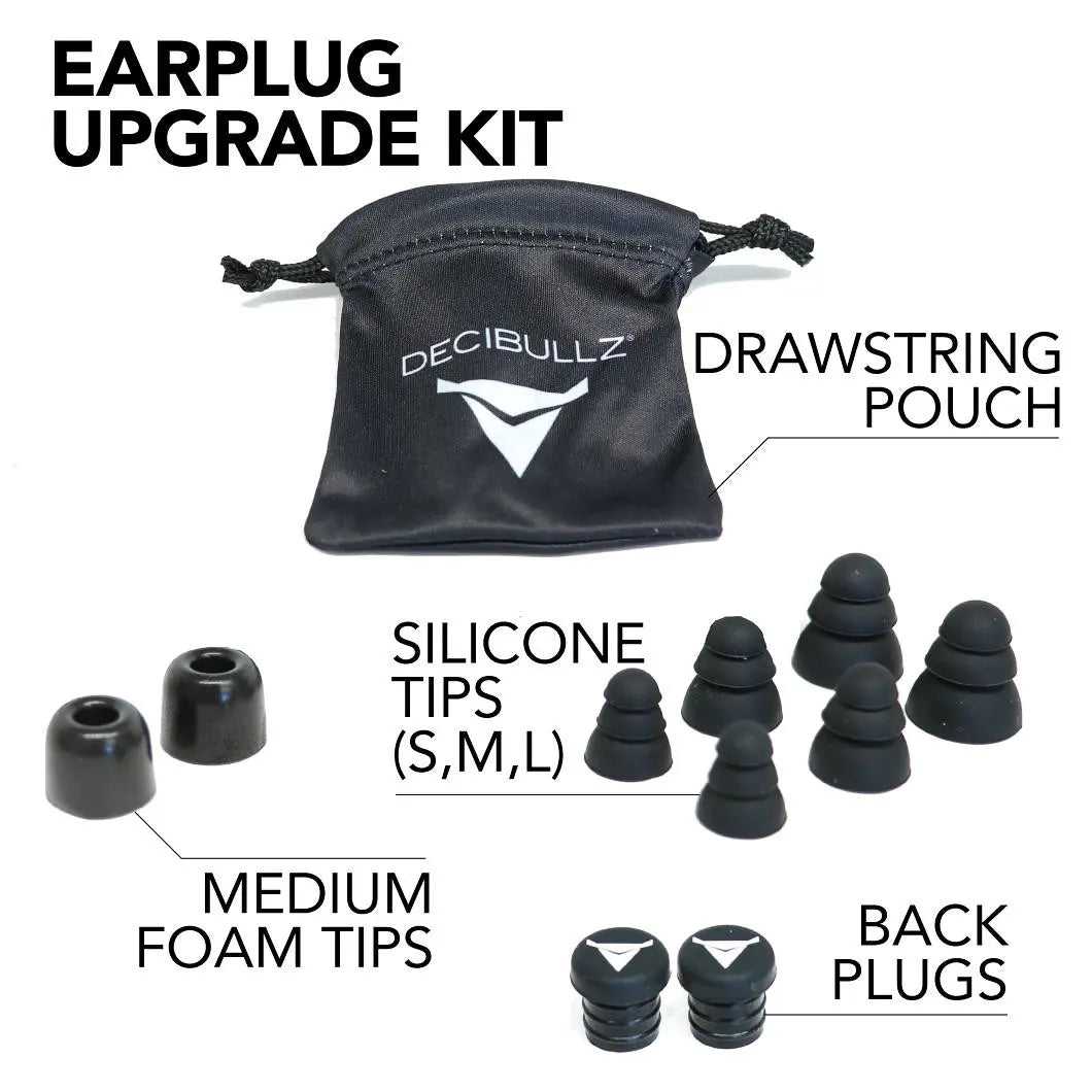 An earplug upgrade kit is shown, including a drawstring pouch labeled "DECIBULLZ," silicone tips in small, medium, and large sizes, medium foam tips, and a pair of back plugs. This Decibullz Earplug Conversion Kit is perfect for those needing reusable earplugs in high-noise environments.