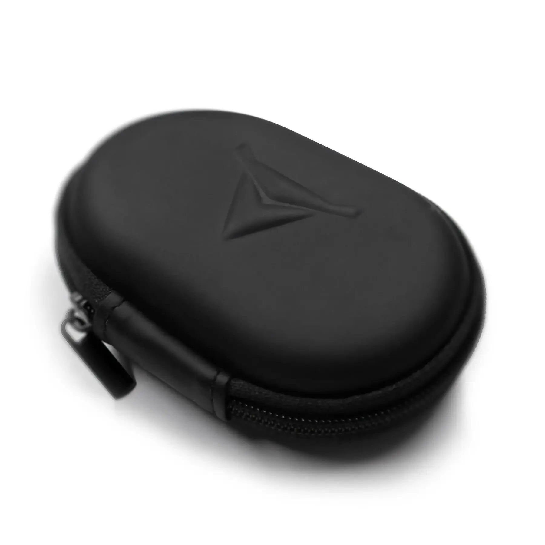A small, black, oval-shaped premium zipper case with a textured logo on top. The Decibullz Premium Earplug and Earphone Carrying Case is made of smooth material and has a zipper running along the edge. Designed to store small items, it's ideal for electronics or accessories like custom-molded earplugs.