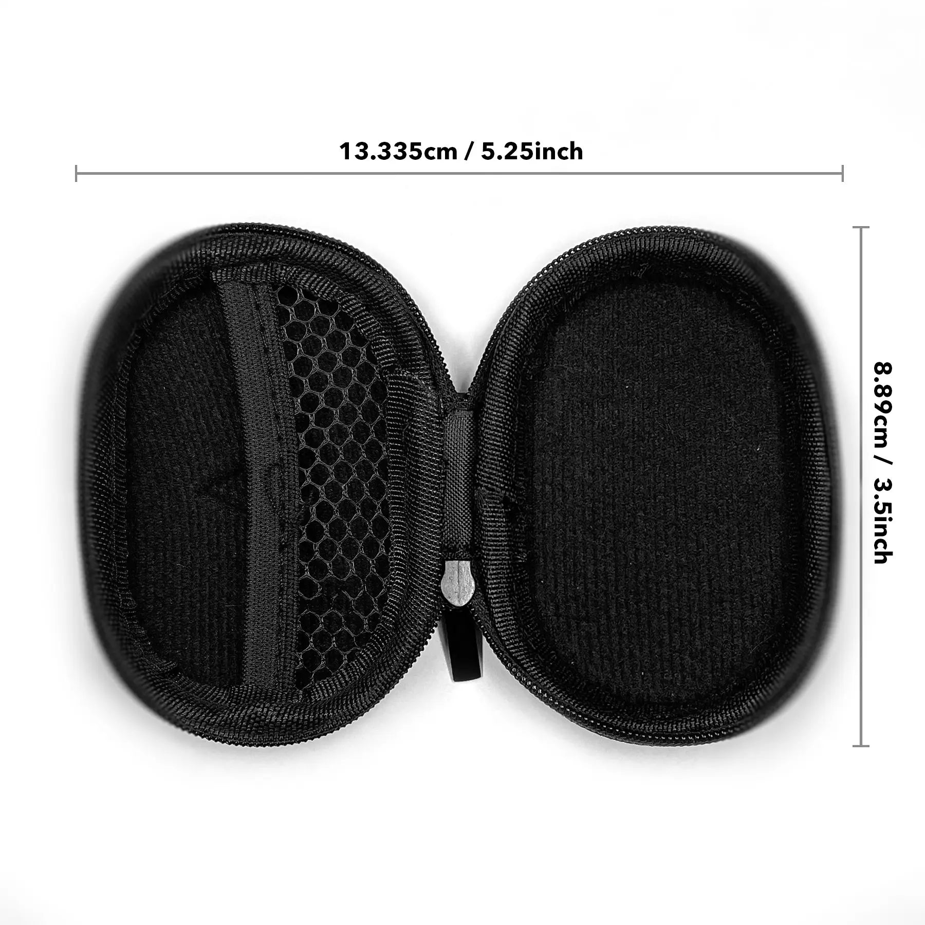 An open zippered black case with a mesh pocket and plain side is shown. The Decibullz Premium Earplug and Earphone Carrying Case measures 13.335 cm or 5.25 inches in length and 8.89 cm or 3.5 inches in width, making it ideal for storing custom-molded earplugs or earphones.
