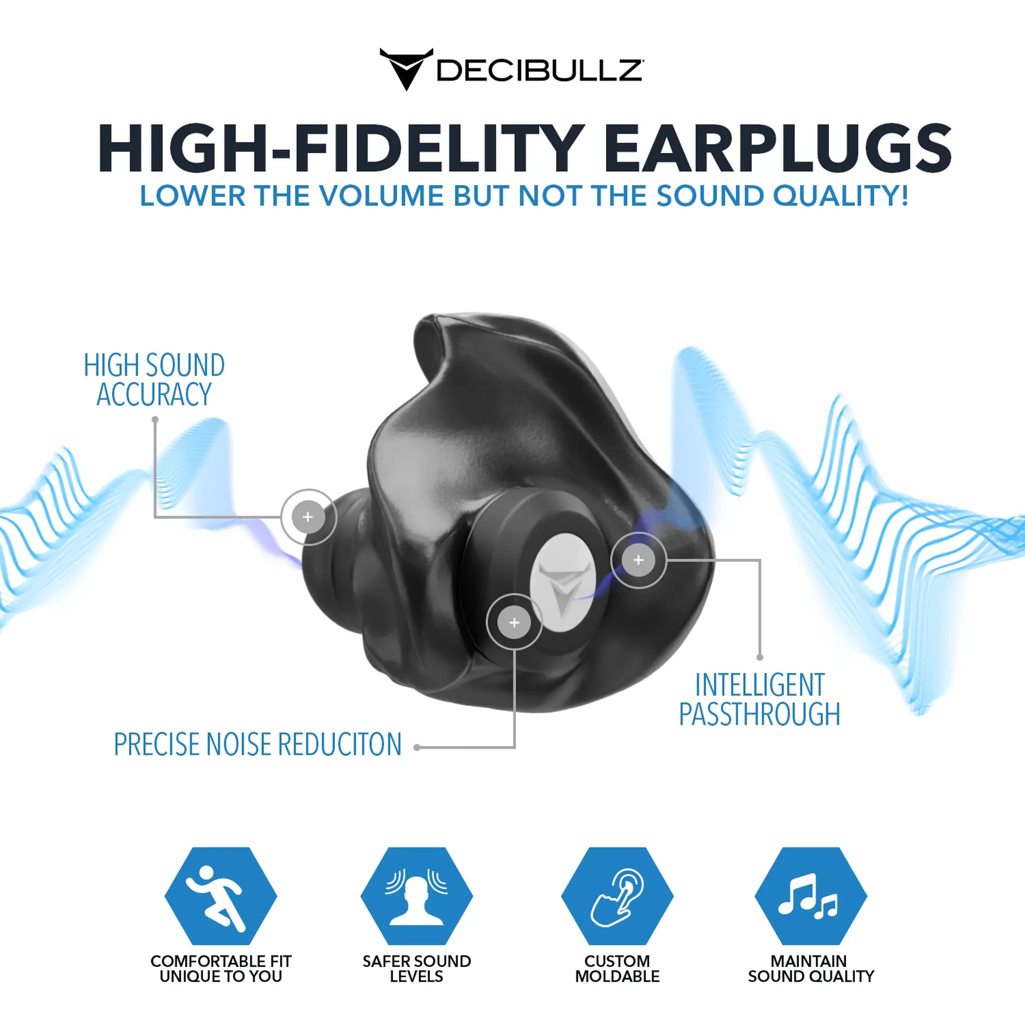 An advertisement for Decibullz Custom Molded High-Fidelity Earplugs for Concerts, Musicians, Events, and Noise Sensitivity. The image shows a black earplug with labels pointing to its features: high sound accuracy, precise noise reduction, intelligent passthrough, comfortable fit, safer sound levels, custom moldable design, and sound quality maintenance.