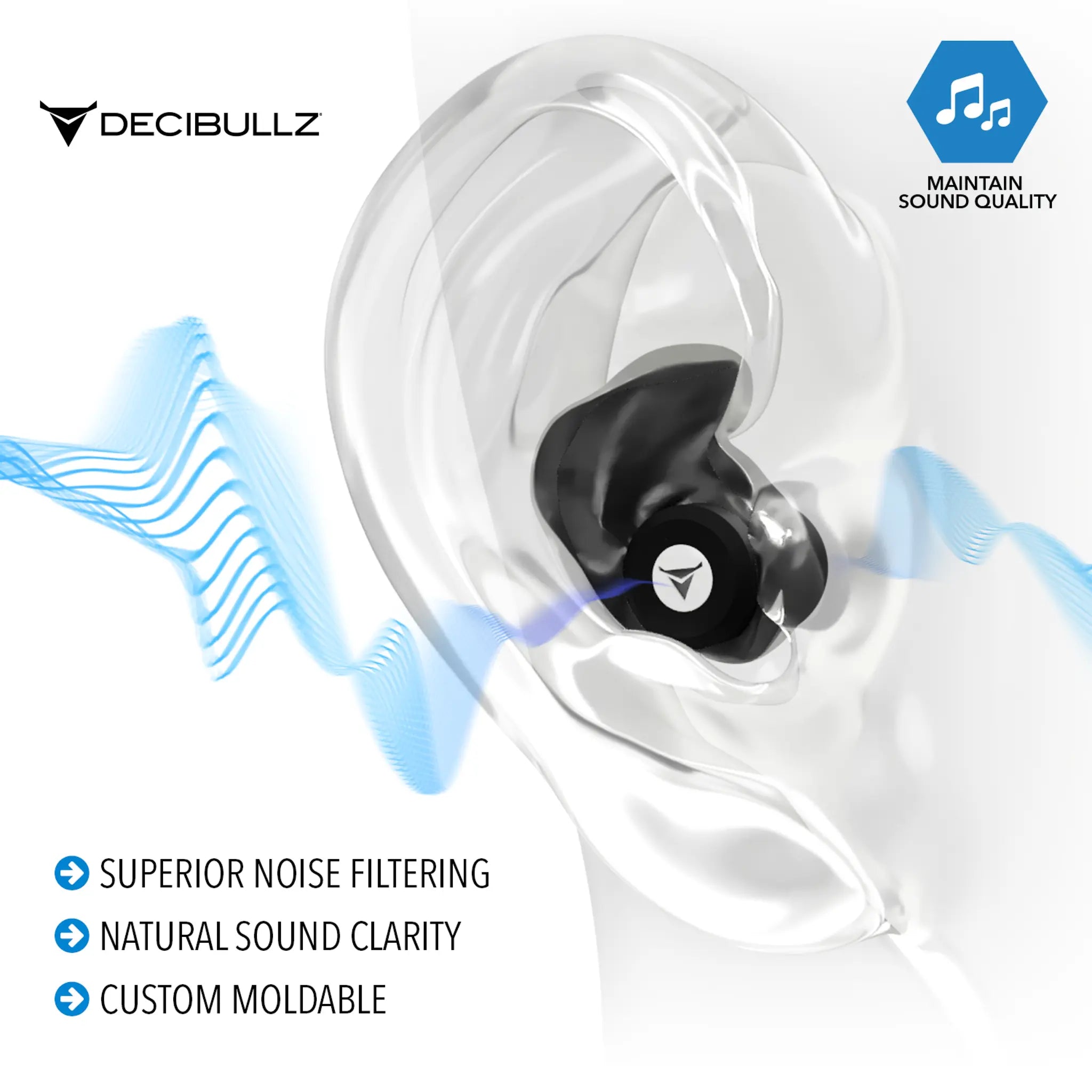 A transparent, stylized image of an ear wearing a black Decibullz Custom Molded High-Fidelity Earplugs for Concerts, Musicians, Events, and Noise Sensitivity features blue sound waves alongside the ear. The text highlights the custom molded earplugs' superior noise filtering, natural sound clarity, and custom moldable fit. The Decibullz logo is present.