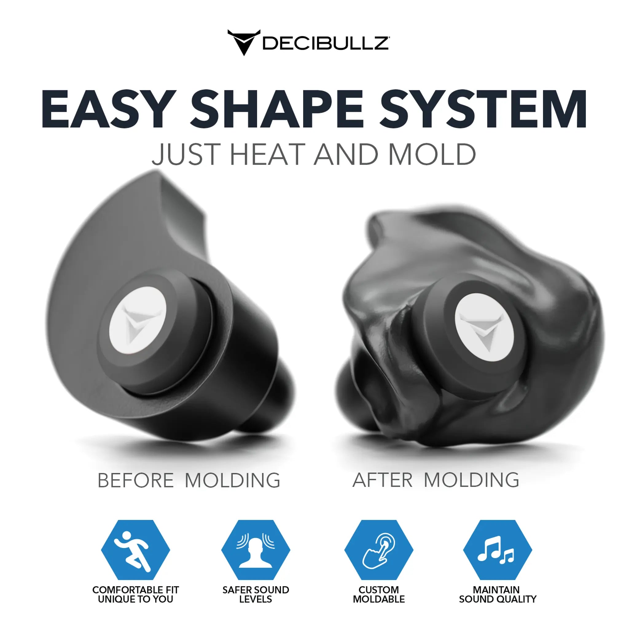 Image depicting Decibullz Custom Molded High-Fidelity Earplugs for Concerts, Musicians, Events, and Noise Sensitivity labeled "Before Molding" and "After Molding" under the "Easy Shape System." The smooth earplug transitions to a custom molded earplug with an ergonomic contour. Icons highlight comfortable fit, safer sound, and quality maintenance for high-fidelity earplugs.