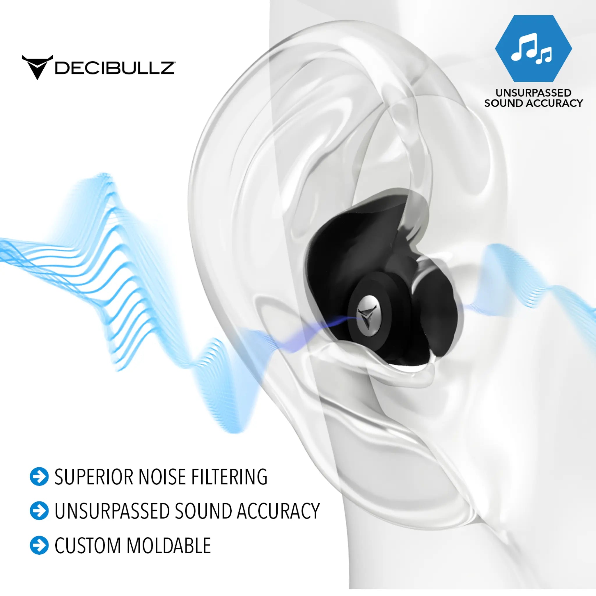An illustration of an ear wearing a black Decibullz Custom Molded Professional High-Fidelity Filter Earplug. Blue sound waves are depicted going towards and through the earplug. The image features text highlighting the benefits: superior noise filtering, unsurpassed sound accuracy, and custom moldable for optimal hearing protection.