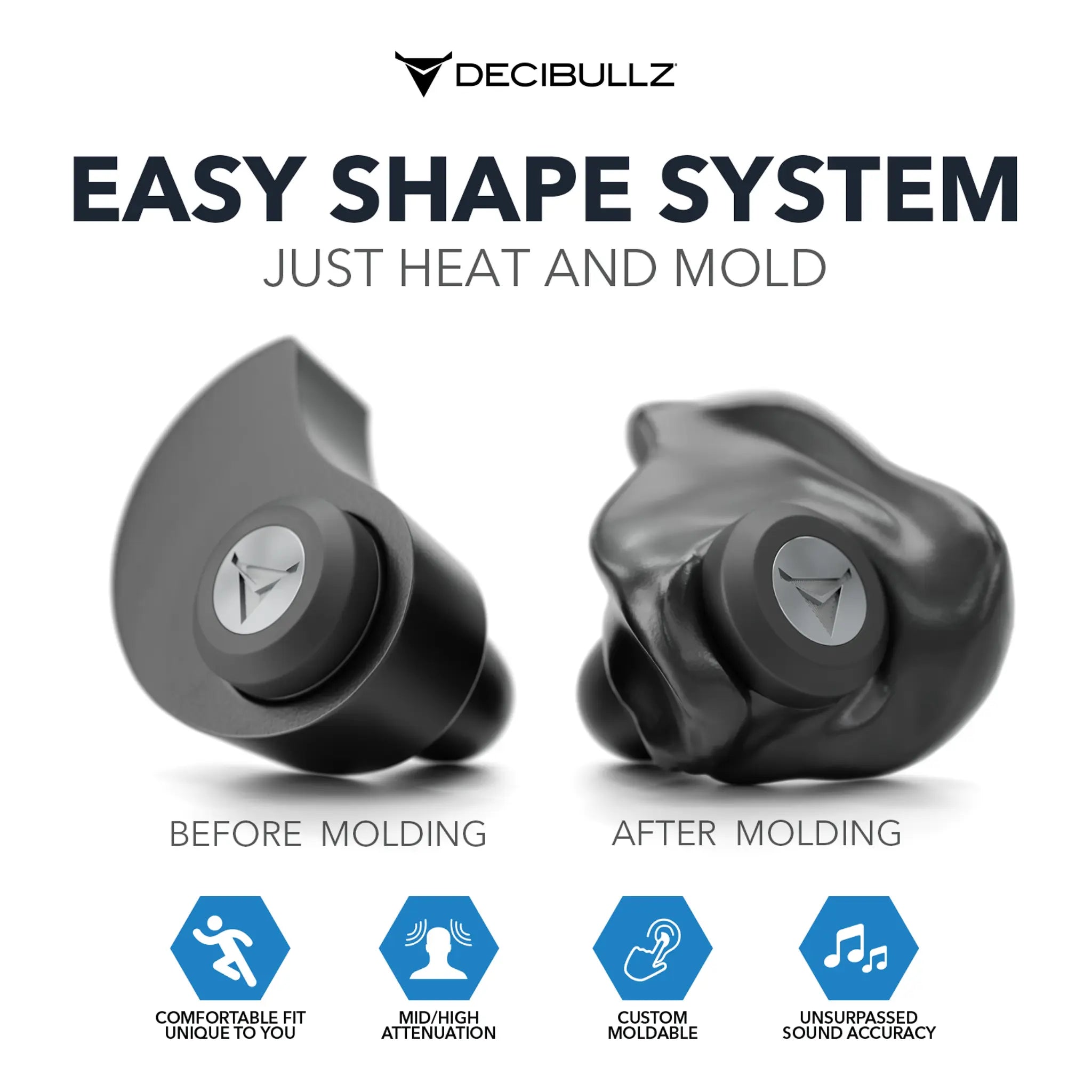 An advertisement for Decibullz Custom Molded Professional High-Fidelity Filter Earplugs features the "Easy Shape System". One image shows an earplug before molding, and the other after molding. Text highlights benefits: comfortable fit, mid/high attenuation, custom moldable, and unsurpassed sound accuracy for unparalleled hearing protection.