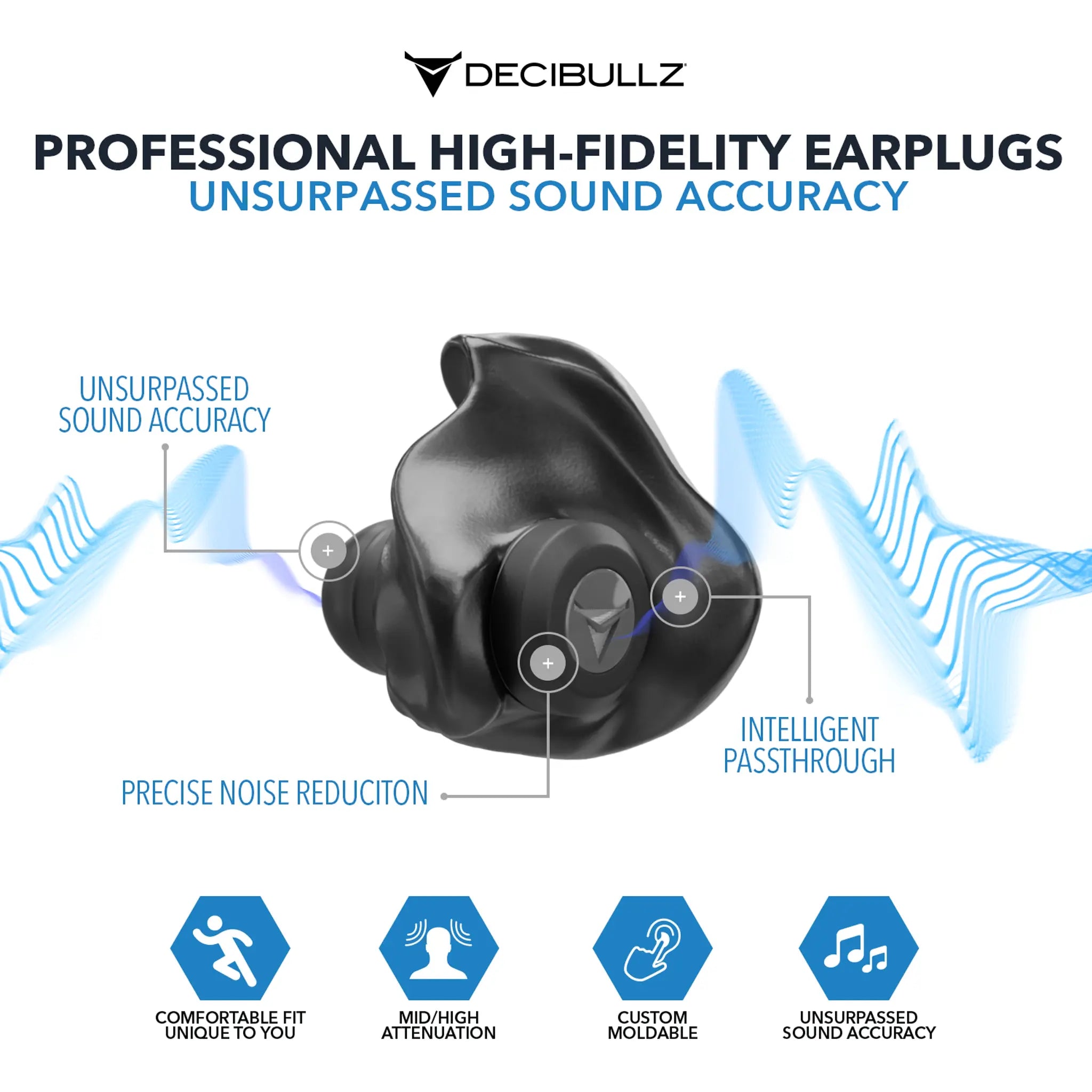 An advert for Decibullz Custom Molded Professional High-Fidelity Filter Earplugs featuring an image of the custom molded earplug with the text "Unsurpassed Sound Accuracy," "Precise Noise Reduction," and "Intelligent Passthrough." Additional icons highlight features like hearing protection and high attenuation.