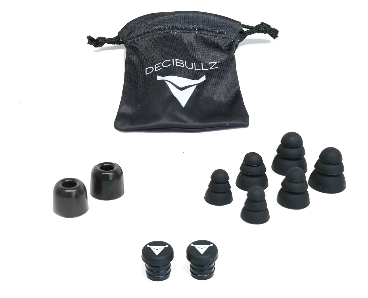 The image showcases a Decibullz Earplug Conversion Kit featuring various sizes of black reusable earplugs and a black drawstring pouch with the Decibullz logo. The earplugs and tips, ideal for high-noise environments, are neatly arranged in front of the pouch.