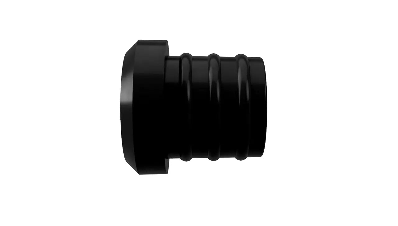 A black, cylindrical object with a hexagonal flange on one end and a series of four evenly spaced, raised rings along the body. With its matte finish, it appears to be a machined replacement part or fitting. The background is white. It is the Decibullz REPLACEMENT Single Percussive Filter.