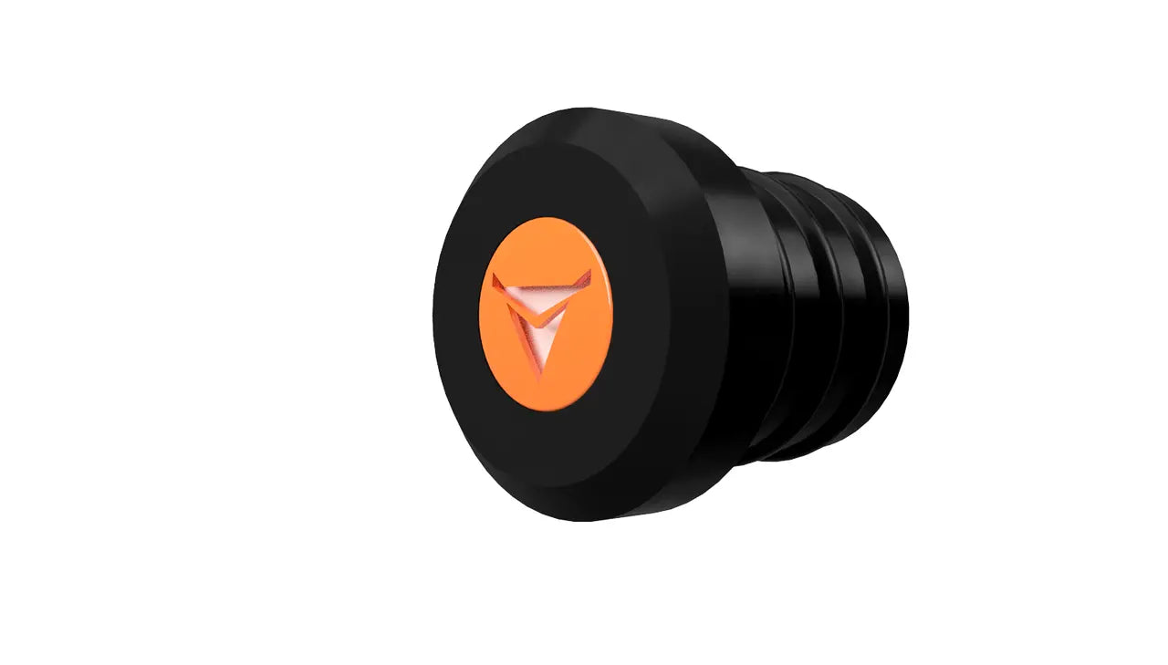 The image shows a black cylindrical object with a ridged grip and an orange circular emblem featuring a stylized design. The Decibullz REPLACEMENT Single Percussive Filter, possibly a replacement part or plug for mechanical applications, is set against a plain white background.