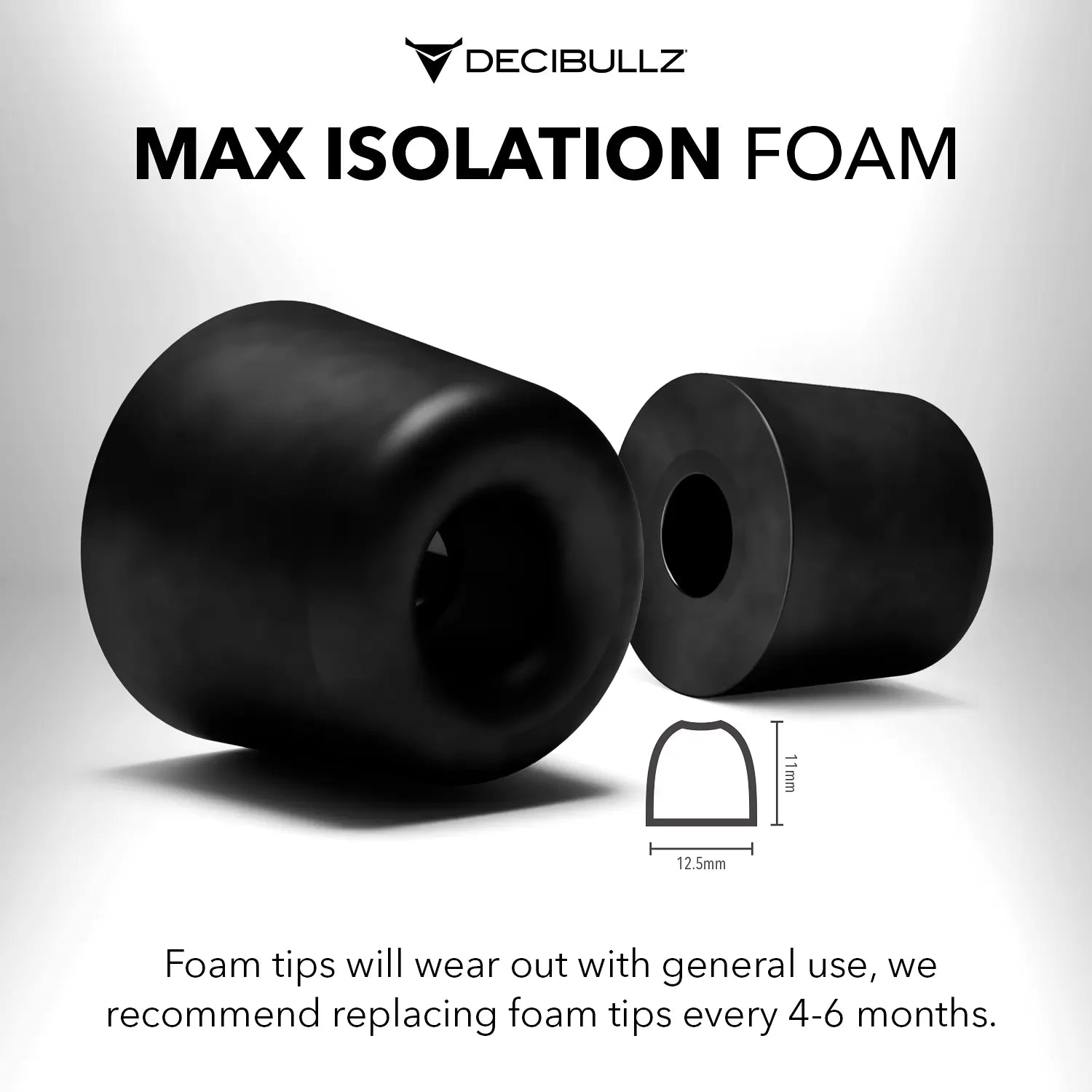 Image showcasing two black foam tips for earphones with the text "Replacement Foam Tips for Decibullz Custom Molded Earpieces and Earplugs" and the brand name "Decibullz" at the top. Below, details suggest replacing them every 4-6 months, with a diagram indicating a 12.5mm dimension. Enhance your experience with these memory foam eartips built for premium sound quality.