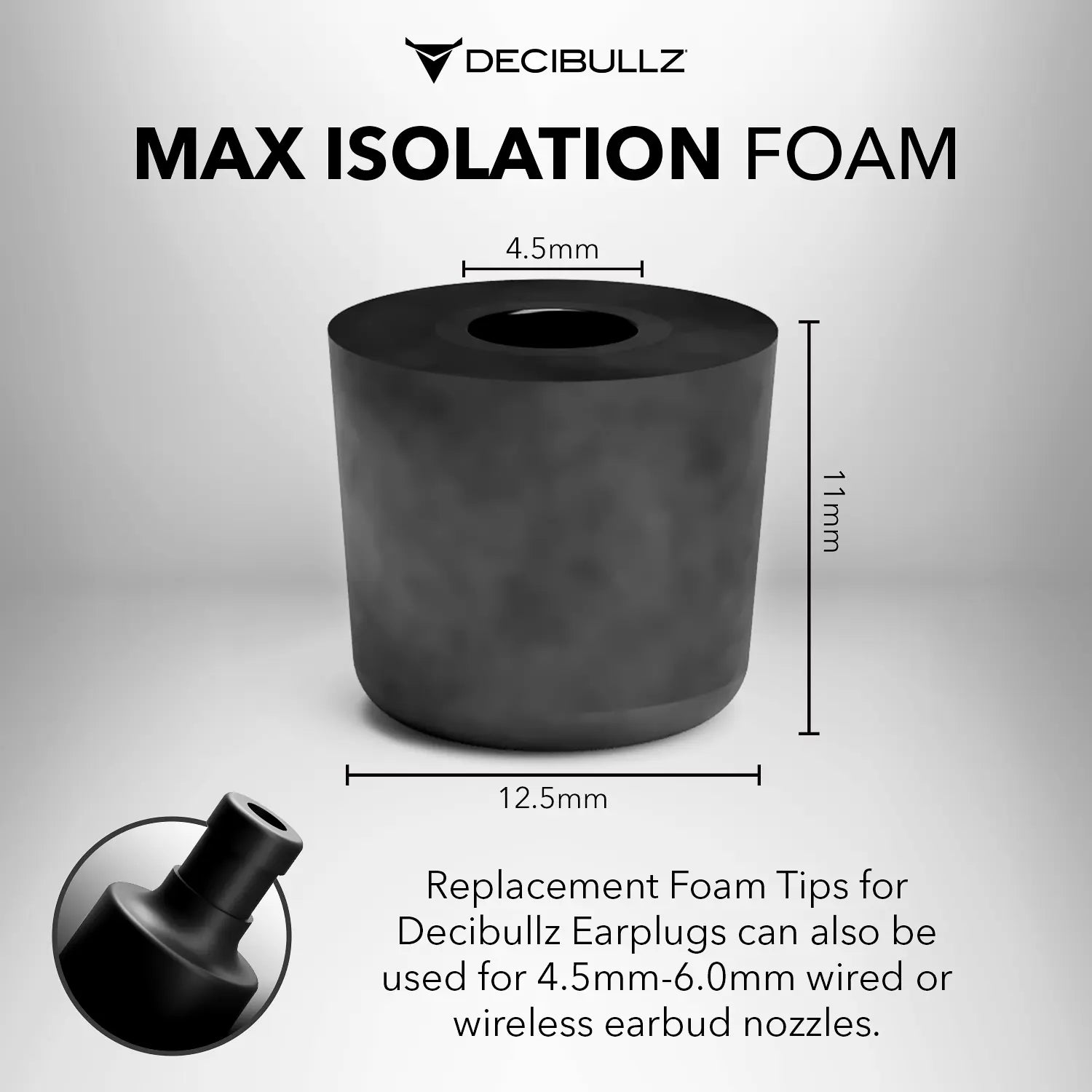 An image of Replacement Foam Tips for Decibullz Custom Molded Earpieces and Earplugs, designed for premium sound quality and optimal noise isolation. Measuring 11mm in height, 12.5mm in diameter at its widest, and 4.5mm at its narrowest, these memory foam eartips fit Decibullz earplugs or 4.5mm-6.0mm wired or wireless earbuds from Decibullz.
