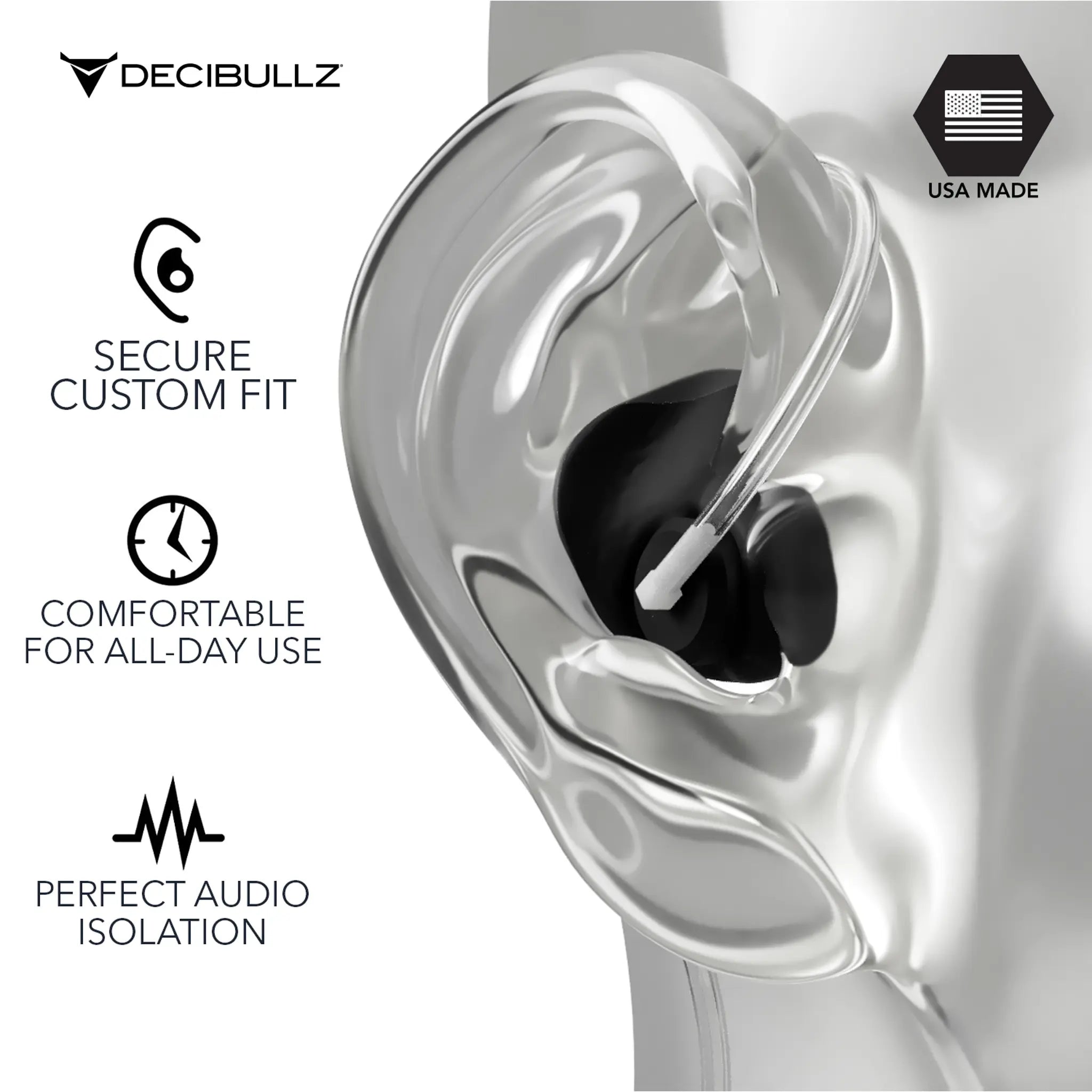 A 3D rendering of an ear with a Decibullz Custom Moldable Surveillance Radio Headset Earpieces with Isolation fitted inside. Text on the left side states “Secure Custom Fit,” “Comfortable for All-Day Use,” and “Perfect Audio Isolation.” The image also highlights how Decibullz's custom moldable earpieces ensure reliable performance in mission critical situations. The top right corner features a USA flag and the text “