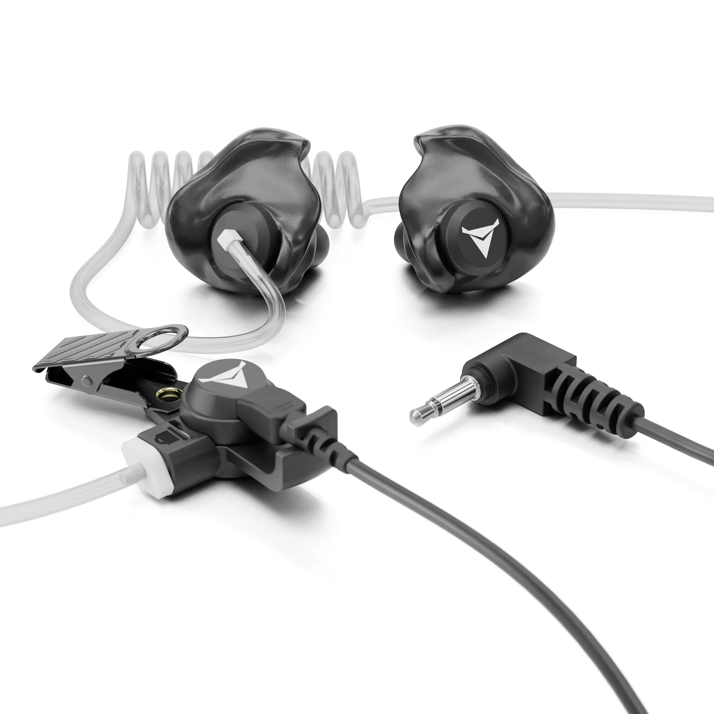 The image shows a pair of Decibullz +Isolation Custom Molded Listen-Only Surveillance Acoustic Tube Headset with gray earpieces connected to a clear, coiled cable. The cable has a clip attached, an inline connector, and ends in a right-angled 3.5mm audio jack. These noise-reducing earpieces feature a logo resembling a stylized bird.