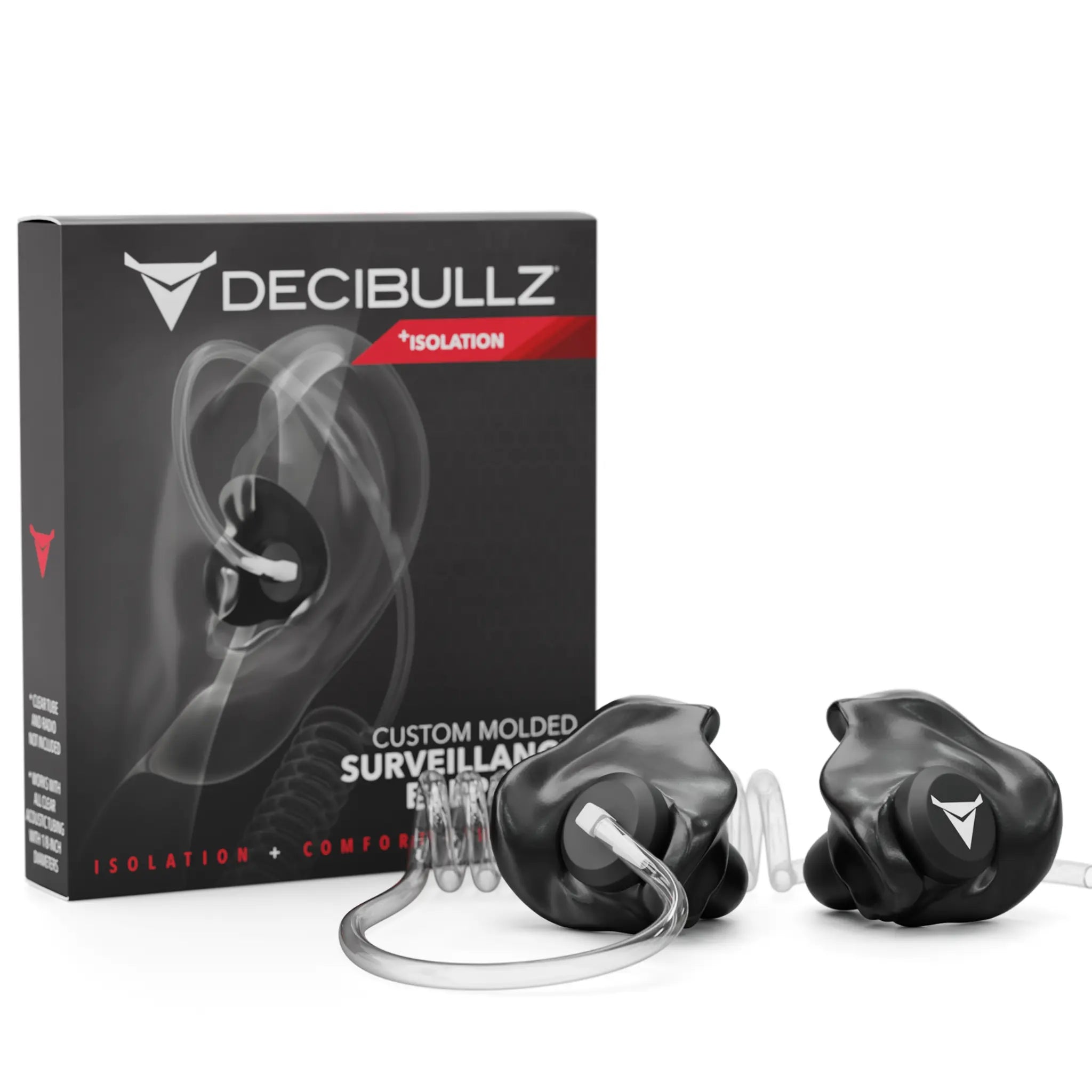The image shows Decibullz Custom Moldable Surveillance Radio Headset Earpieces with Isolation in front of their packaging box. The black earplugs feature clear-tipped wires designed for isolation and comfort, ideal for mission critical situations. The packaging includes a close-up image of the custom moldable earpieces in use.