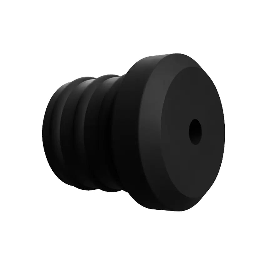 A cylindrical black rubber stopper with a flat, round top and a threaded side is shown against a white background. The flat surface has a small central hole, making it an ideal replacement part for Decibullz REPLACEMENT Single +Isolation Radio Adapter Back Plug.