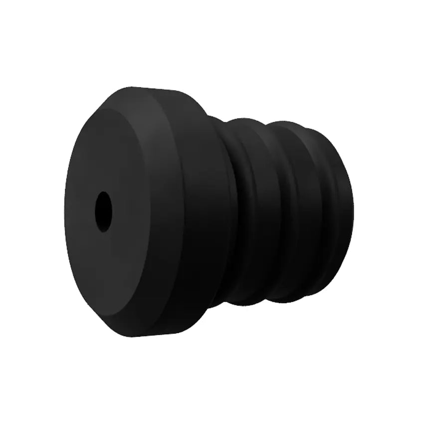 A black rubber stopper with a cylindrical shape, featuring a flat top with a small central hole and three ribbed sections along its length designed for sealing or plugging purposes. This Decibullz REPLACEMENT Single +Isolation Radio Adapter Back Plug is shown against a plain white background.