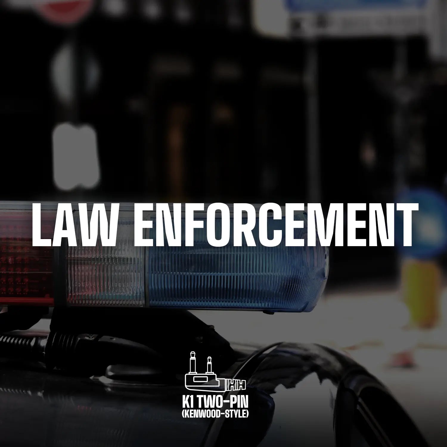 A black and white image with a red and blue siren light on top of a police car in the lower part. The text "DECIBULLZ LAW ENFORCEMENT" is prominently displayed in the center. Featuring Decibullz Two-Way Surveillance Acoustic Tube Headset (Kenwood) with advanced acoustic tube technology for Kenwood K1 compatibility.