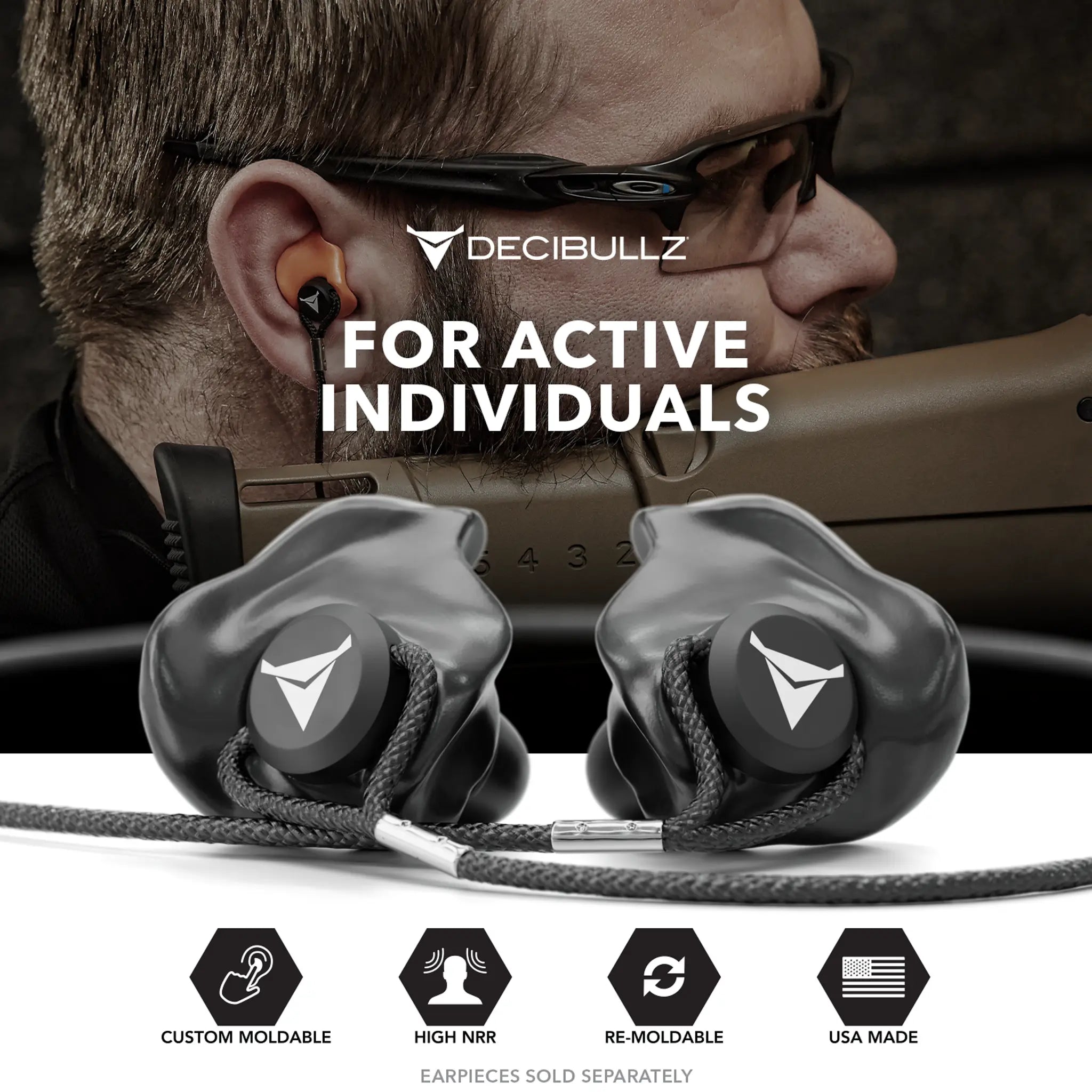 A person using Decibullz Custom Molded Earplug Lanyard, holding a rifle. The product features include high NRR (Noise Reduction Rating), re-moldable, and USA made. The product tagline reads "For Active Individuals.