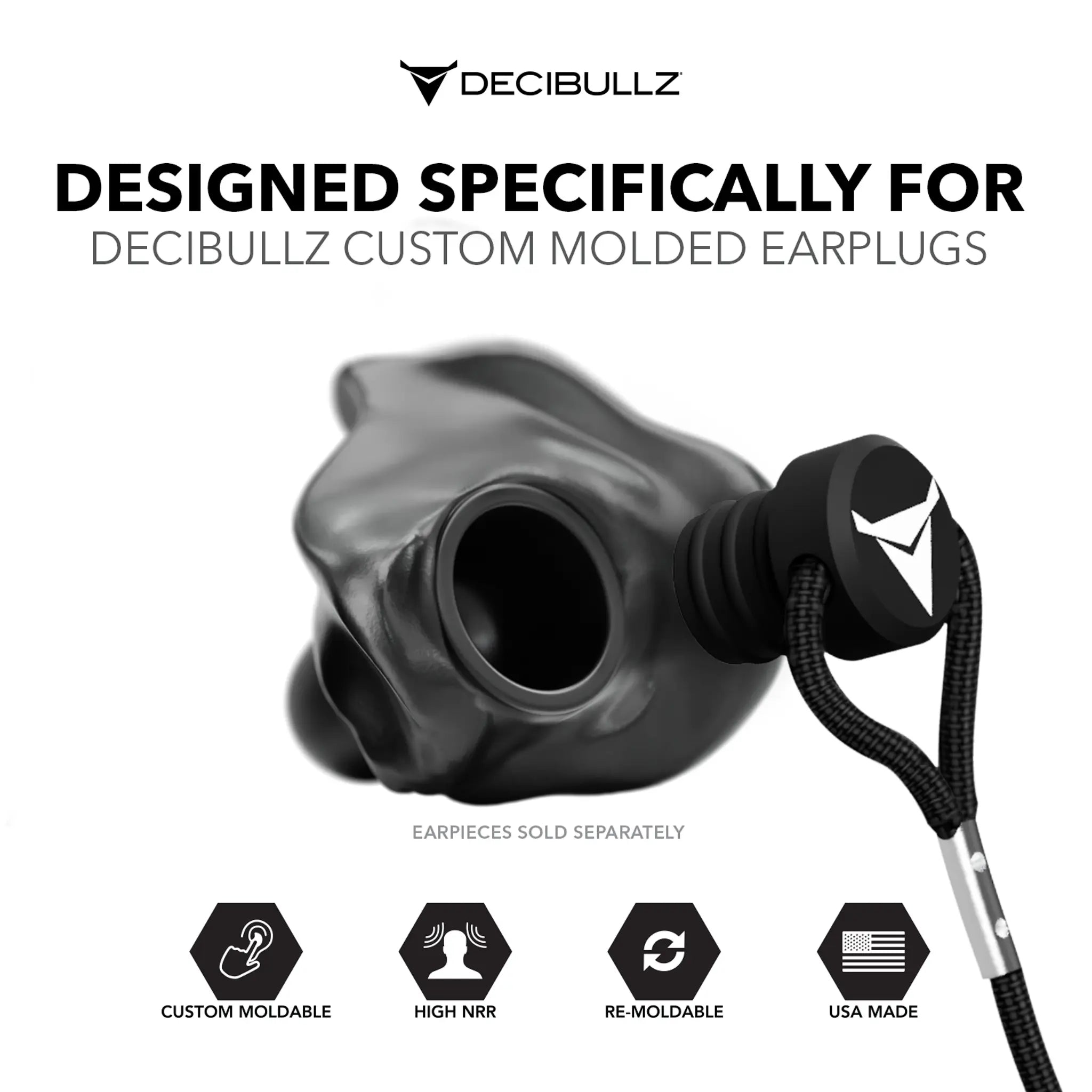 A promotional image for Decibullz Custom Molded Earplug Lanyard showcasing a black Decibullz moldable earpiece with a premium earplug lanyard. Icons at the bottom highlight features: "Custom Moldable," "High NRR," "Re-Moldable," "USA Made." Text at the top reads, "Designed Specifically for Decibullz Custom Molded Earplug Lanyard.