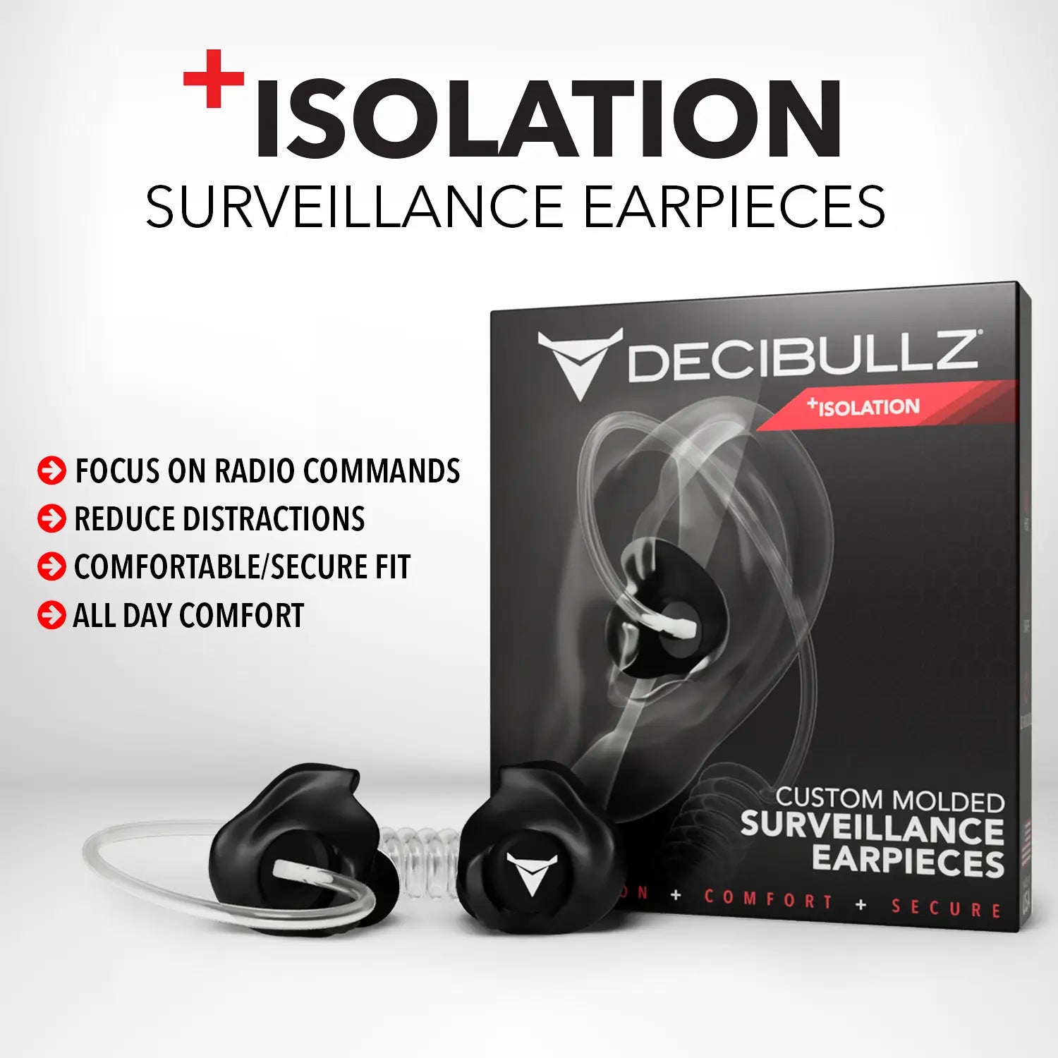 The image showcases Decibullz +Isolation Custom Molded Listen-Only Surveillance Acoustic Tube Headset with the brand's packaging. These Decibullz products focus on radio commands, reduce noise distractions, and provide a comfortable, secure fit for all-day wear.