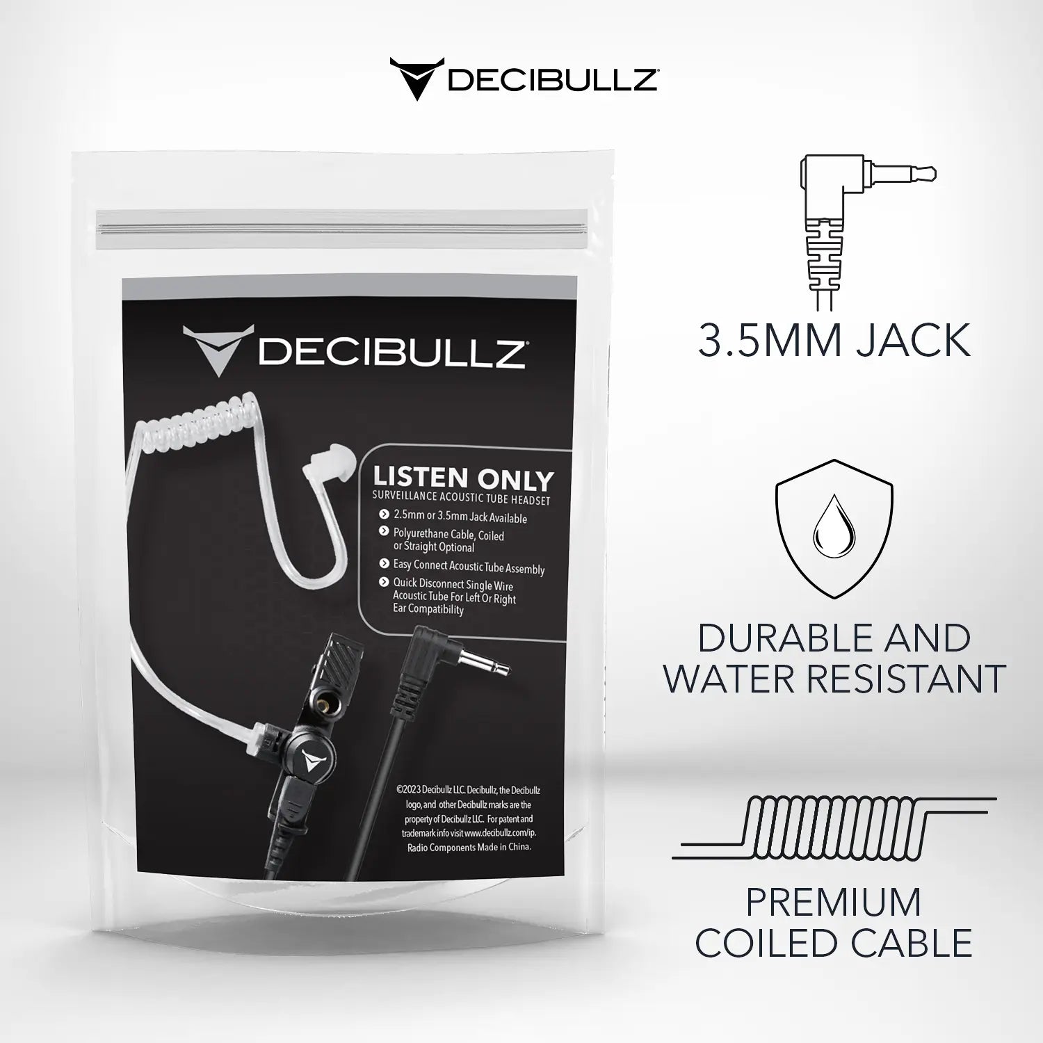 Image of Decibullz packaging with the brand logo at the top. The product is a white, single-ear earpiece with a 3.5mm audio jack, shown coiled in a clear bag. Text highlights “Listen Only,” “Durable and Water Resistant,” “Premium Coiled Cable,” and "+Isolation Custom Molded Listen-Only Surveillance Acoustic Tube Headset.