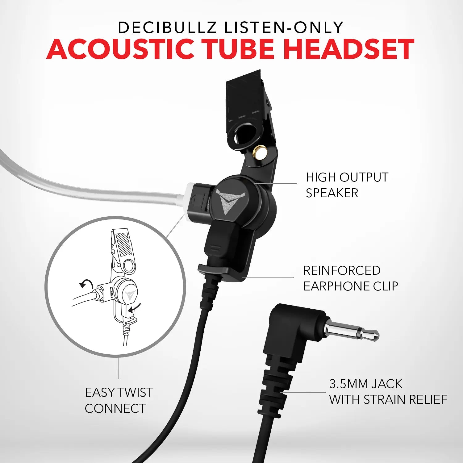 An image of a Decibullz +Isolation Custom Molded Listen-Only Surveillance Acoustic Tube Headset highlights its high output speaker, reinforced earphone clip, and 3.5mm jack with strain relief. This Decibullz product also features Custom Moldable Radio Earpieces for enhanced noise reduction and an easy twist connect function shown in an illustrated inset.