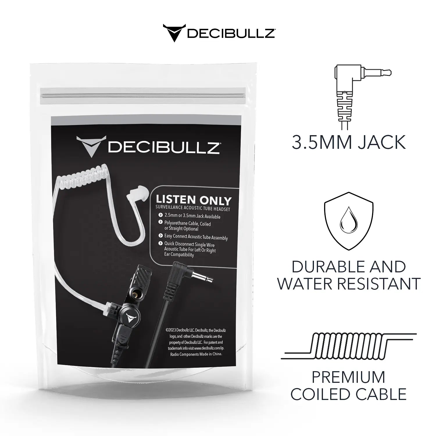 The image displays a Decibullz Premium Listen-Only Surveillance Acoustic Tube Headset in packaging. It includes a 3.5mm jack, coiled cable, and notable features like durability and water resistance. The Decibullz logo is at the top with illustrations of the jack, durability symbol, and coiled cable—ideal for law enforcement communication.