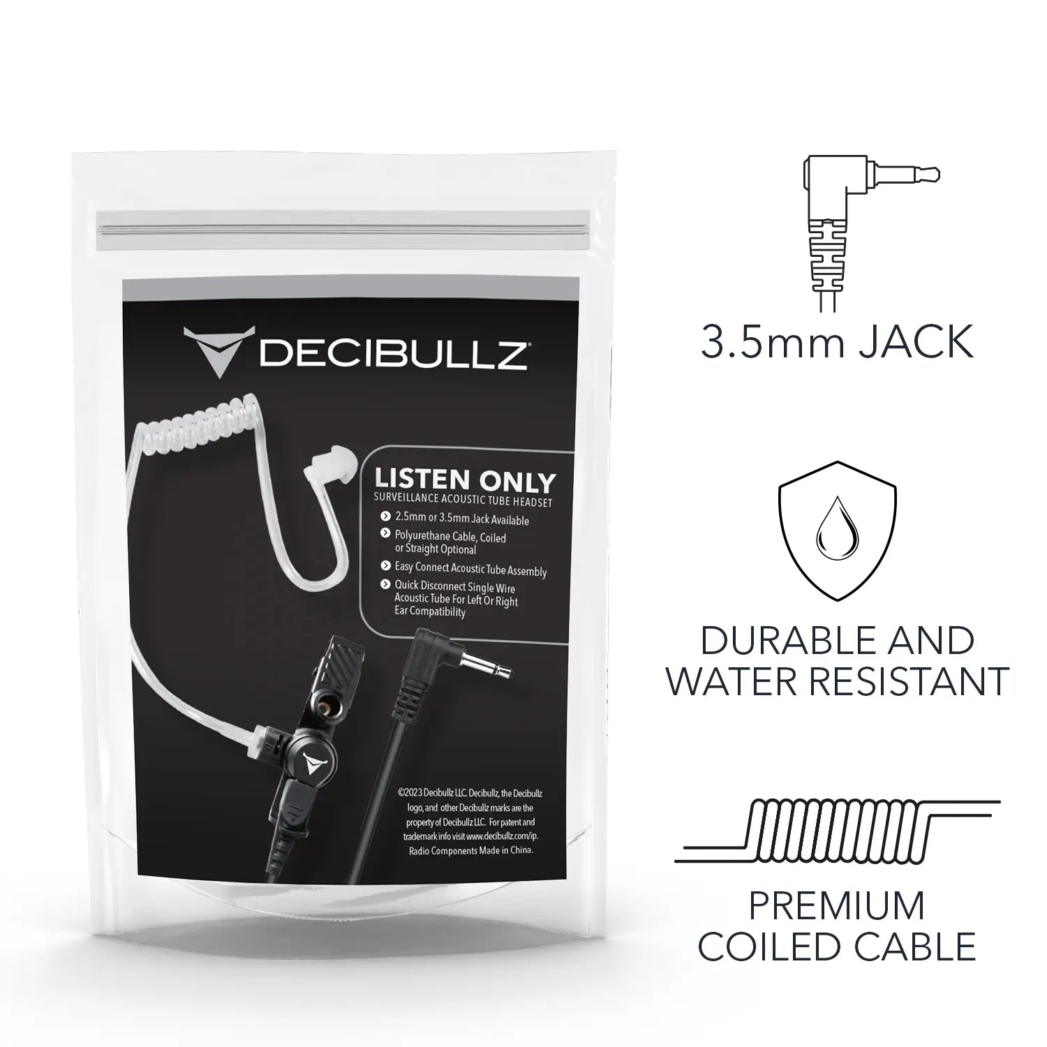 The image displays a Decibullz Premium Listen-Only Surveillance Acoustic Tube Headset in packaging. It includes a 3.5mm jack, coiled cable, and notable features like durability and water resistance. The Decibullz logo is at the top with illustrations of the jack, durability symbol, and coiled cable—ideal for law enforcement communication.